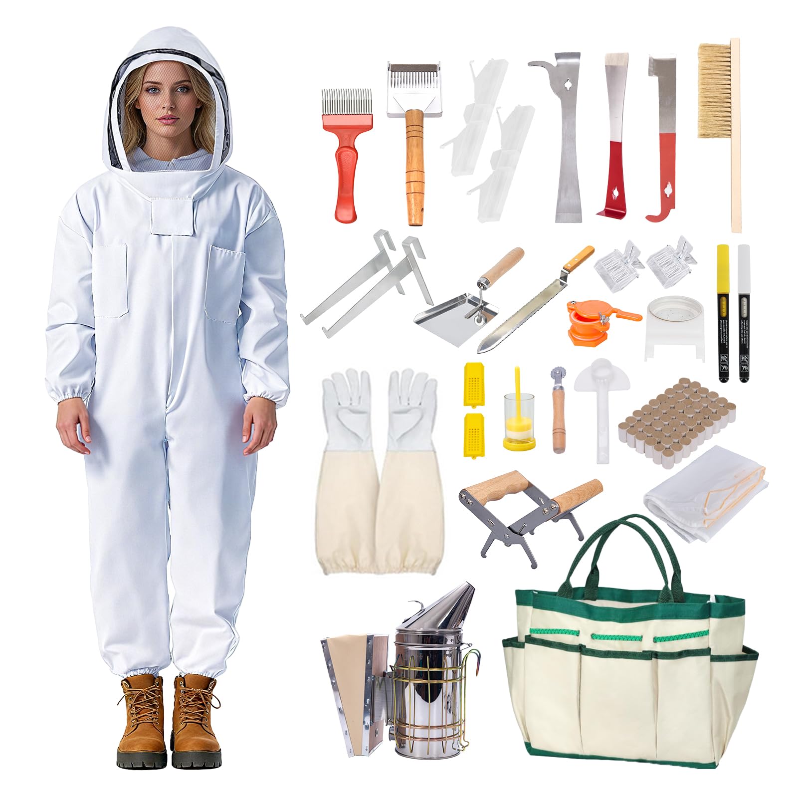 Honey Lake Kit de herramientas de iniciación de 31 piezas con traje de abeja para apicultores, incluye ahumador de abejas, soporte para marco de colmena, agarre de marco, bolígrafo de marcado de abeja