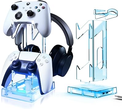 حامل وحدة تحكم JOSO مع ضوء RGB، حامل وحدة تحكم ألعاب أكريليك من مستويين لبوابة PS5/PS4/PS/Xbox/Switch، ملحقات حامل لوحة ألعاب سماعة الألعاب للاعبي سطح المكتب، تصميم عالمي