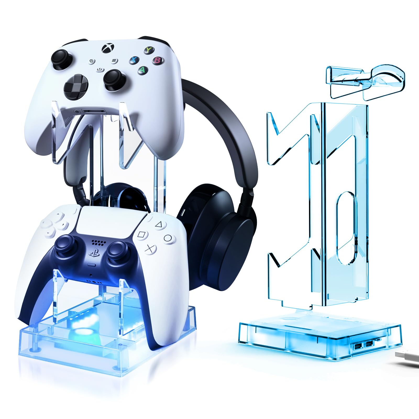 Controller Holder Gaming Headset & Controller Stand with RGB Light, 2 Tier Acrylic Gaming Accessories for PS5/PS4/PS Portal/Xbox/Switch-image-0