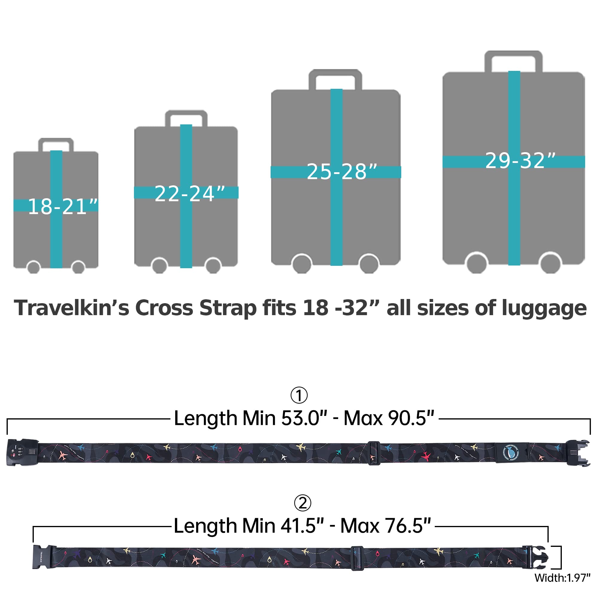 Travelkin - Cinghie per bagagli approvate dalla TSA, regolabili, incrociate, con lucchetto TSA, fibbia rinforzata, motivo unico, resistenti, per viaggi (motivo aereo, nero)