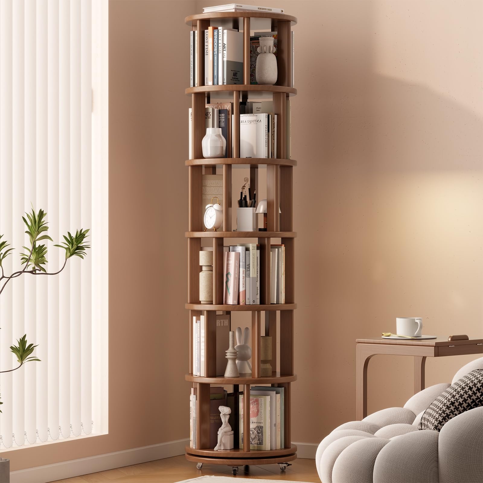 Solid Wood Rotating Bookshelf on Wheels, 6 Tier, Round Revolving Bookcase, 360° Spinning Book Shelf Tower for Kids, Narrow Rolling Bookshelves for Small Space, Corner, Bedroom, Office, Walnut 6 Tier Walnut