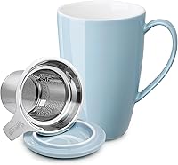 Vista 8 de Sweese Taza de té de cerámica de 15oz con infusor y tapa, apta para microondas y lavavajillas, infusor de té de hojas sueltas extra fino, asa Azul