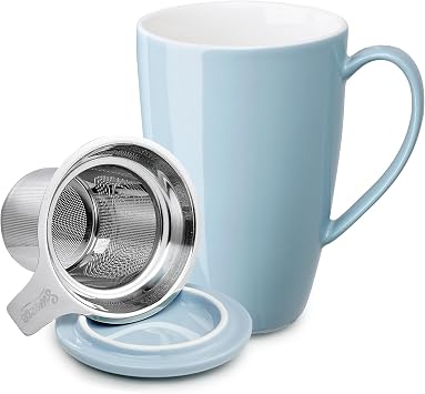 Sweese 15 OZ Porcelain Tea Mug with Infuser and Lid, Loose Leaf Tea Cup, Gifts for Tea Lover, Bluish Grey