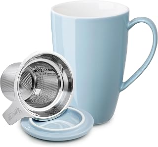 Sweese 15 OZ Porcelain Tea Mug with Infuser and Lid, Loose Leaf Tea Cup, Gifts for Tea Lover, Bluish Grey
