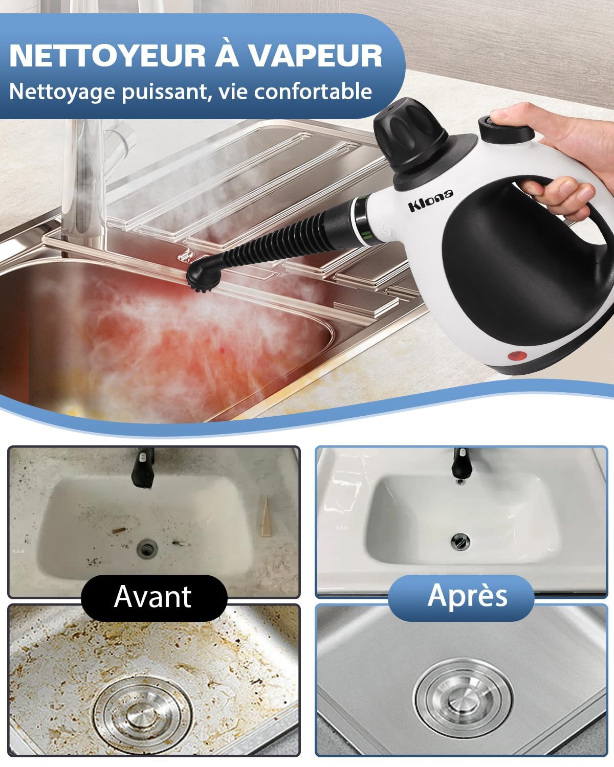 KLONA Nettoyeur Vapeur Portable, 1050W, Nettoyage Haute Température | pour Sols, Carrelage, Joints, Canapés, Cuisine, Salle de Bain | Sans Chimie | Serrure de Sécurité | avec 10 Accessoires