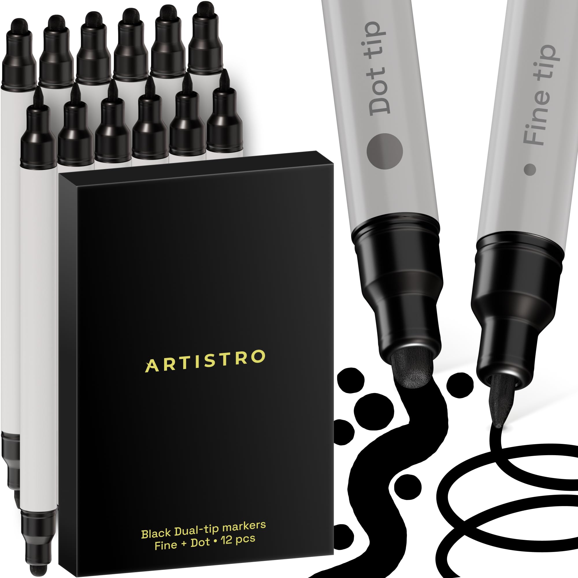 ARTISTRO Acrylic Paint Markers for Rock, Fabric, Wood, Glass, Decoration - Dual-Tip Paint Pens for Coloring Books for Adults, Teens, Kids - Art and Craft Supplies Kit - Gift Idea: 12 Black