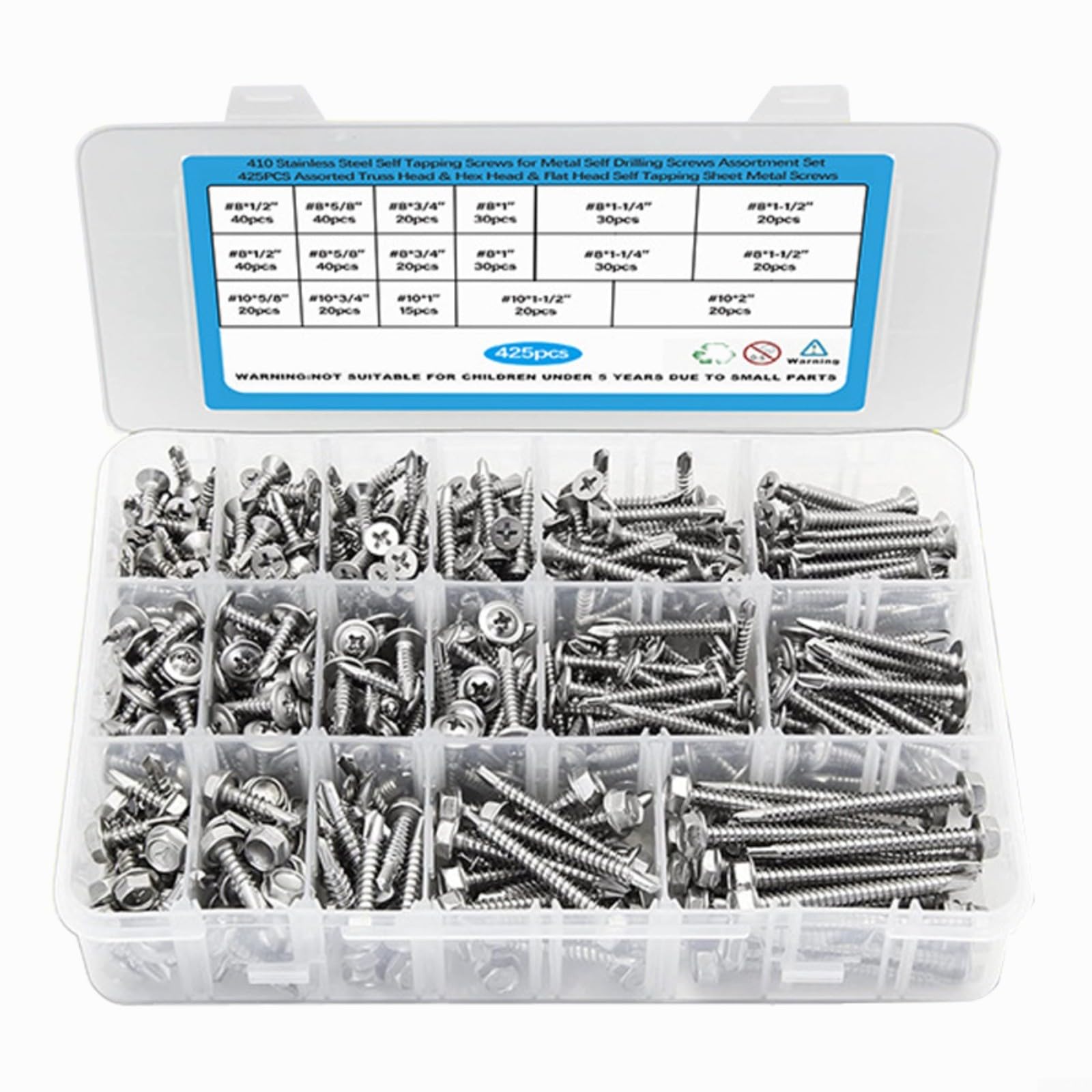 425 pezzi Set di viti autoperforanti in acciaio inox 410, testa esagonale e svasata per metallo, legno, plastica, argento