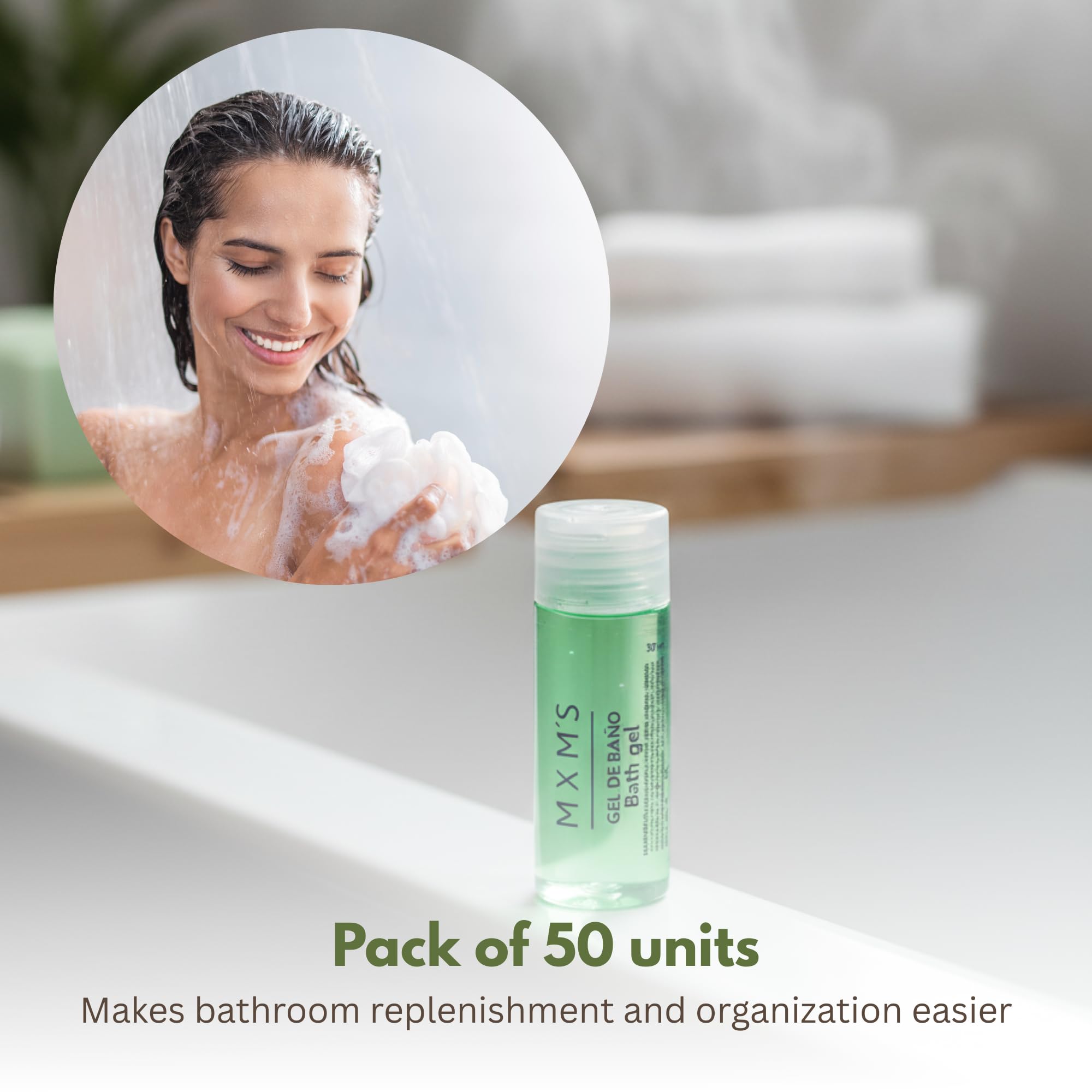 50 Botellitas Gel de Ducha 30 ml – Amenities baño monodosis para huéspedes, higiene corporal, formato viaje, pack hotel, apartamentos turísticos, kit bienvenida, reposición rápida