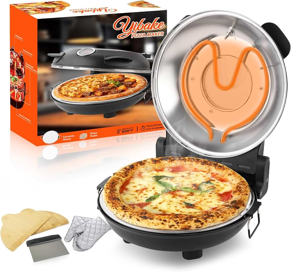 Forno elétrico de pizza de 30,5 cm – Máquina de pizza de bancada com pedra cerâmica, aquece até 426 °C, forno de pizza portátil interno para pizzas caseiras, preto