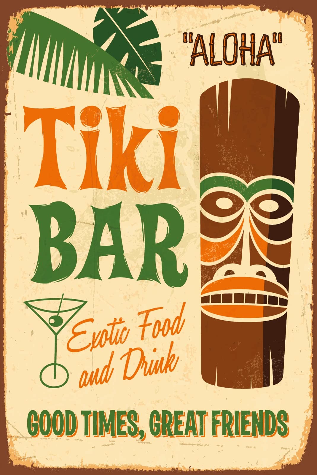 DekoNo7 Vintage Tin Sign 30 x 20 cm Aloha Tiki Bar Exotic Food and Drink Good Time Great Friends