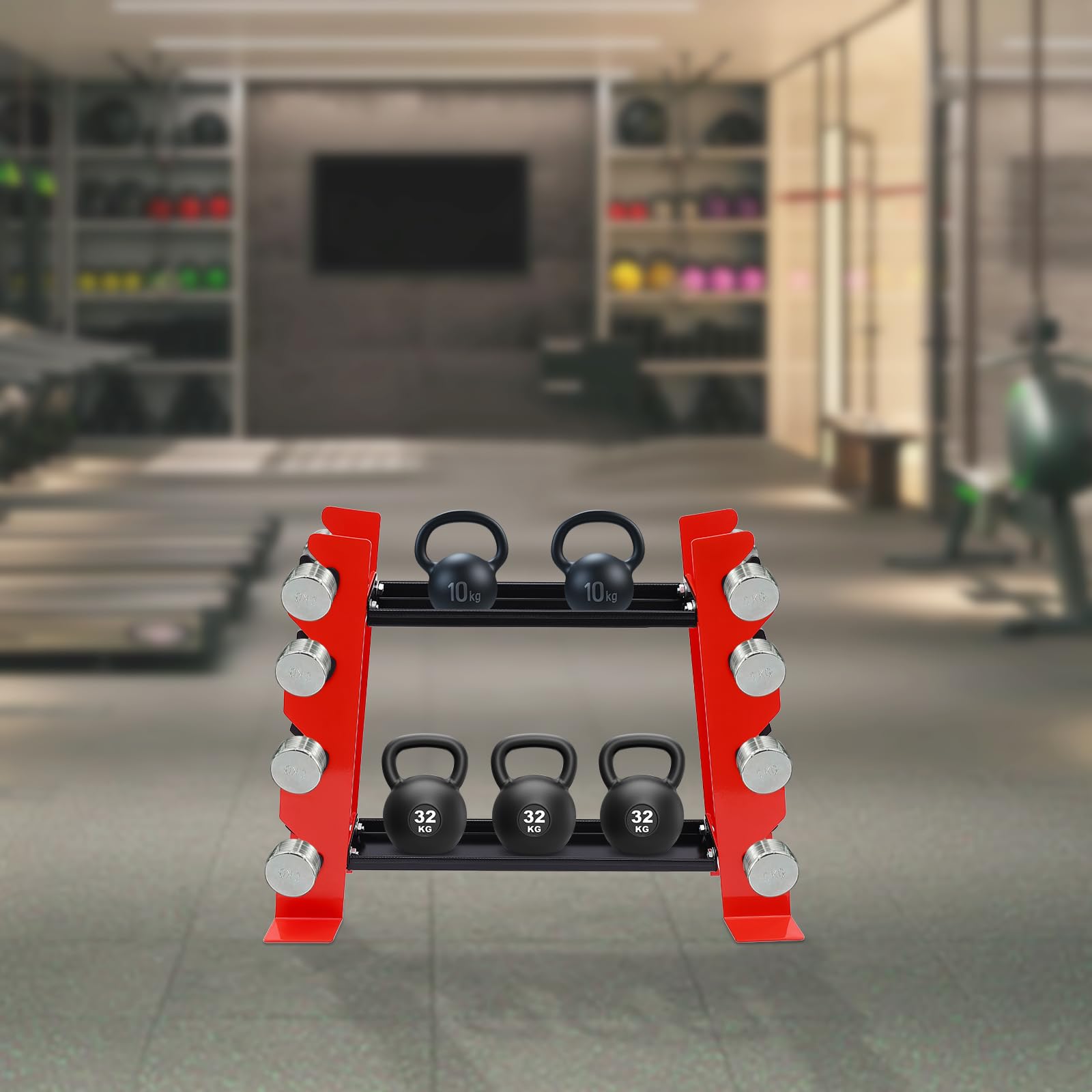Supporto multifunzione per manubri, robusto supporto per manubri con 8 ripiani laterali + 2 ripiani centrali, portata 150 kg, anelli di protezione in gomma e design salvaspazio per casa, palestra