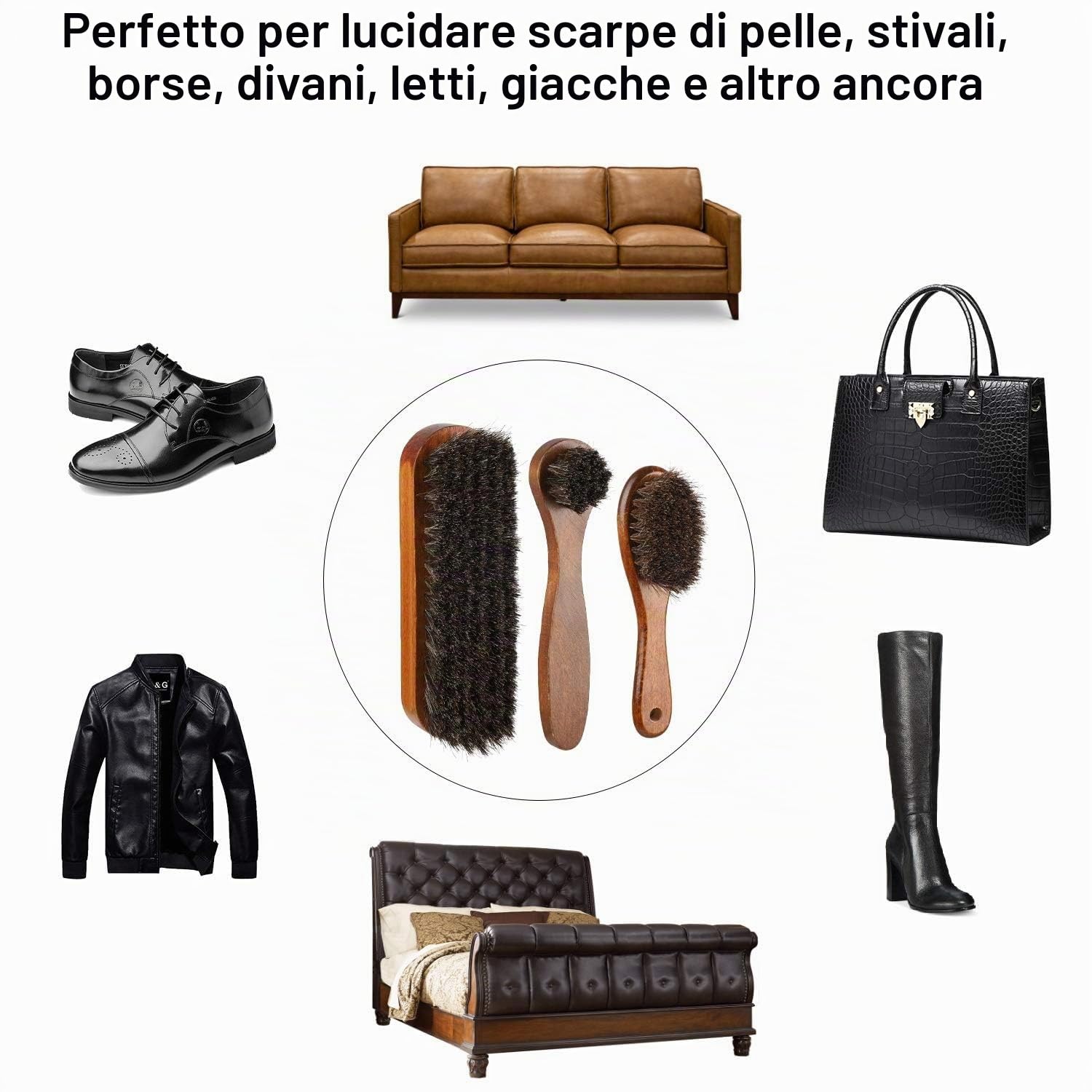 Set di 4 spazzole per scarpe, spazzola in crine di cavallo per lucidare le scarpe, 3 pennelli applicatori per lucidare le scarpe + 1 guanto per lucidare le scarpe