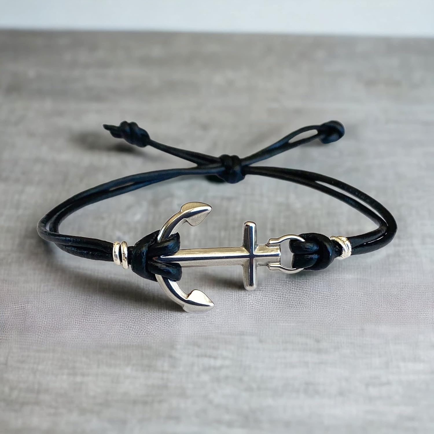 Mens Anchor Bracelet Adjustable Leather Cord Nautical Jewelry Silver Charm Faith Hope Bracelet Handmade Gift for Him Husband Boyfriend Dad - Image 2