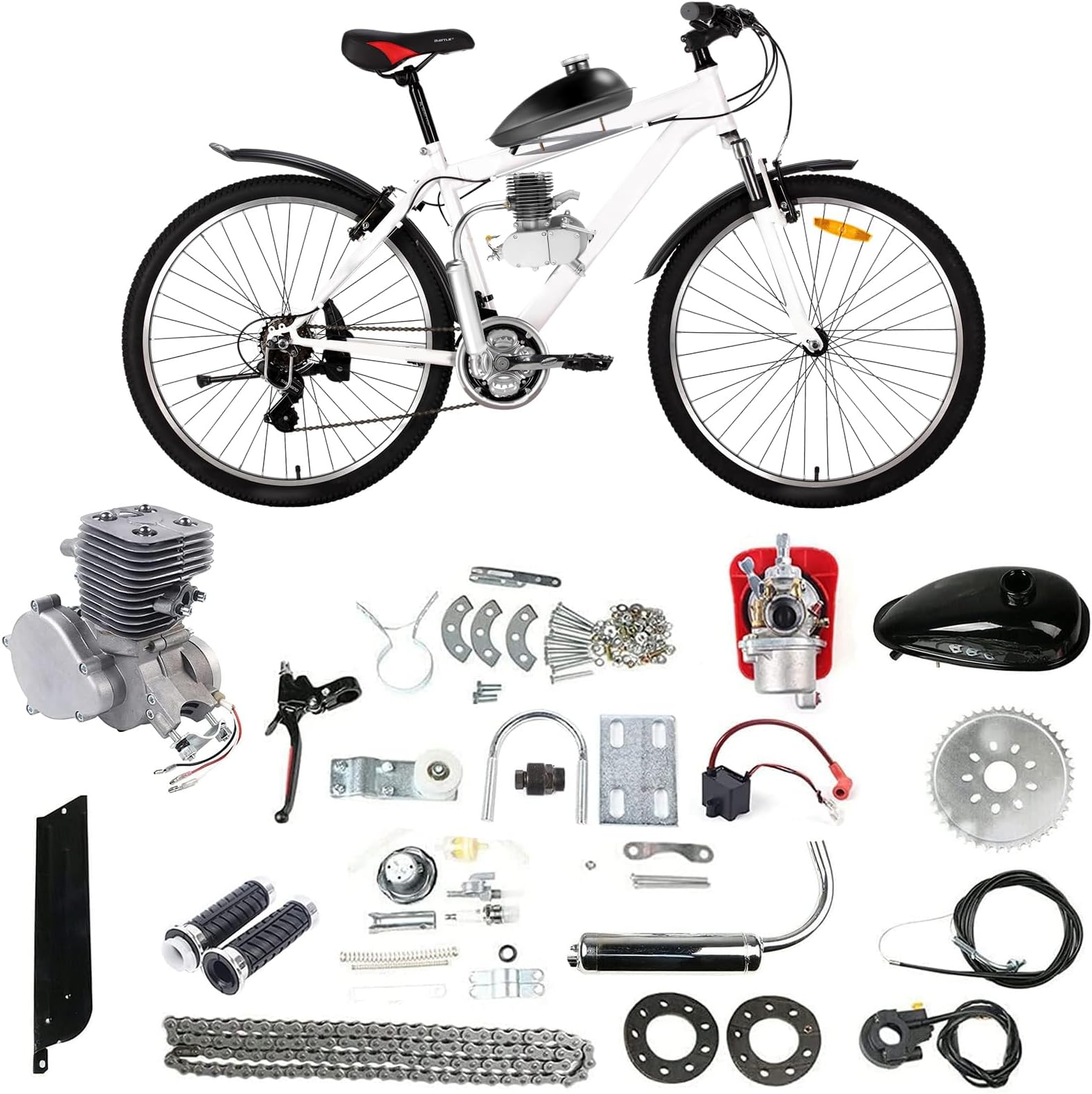 Upgraded 100cc Bicycle Engine Kit 2 Stroke Motorized Bike Engine Kit Gas Motorized Bicycle Engine Kit Super Fuel-efficient Bike Motor Kit Fit for 26"-28" Bikes, 36-Tooth Sprocket Full Set