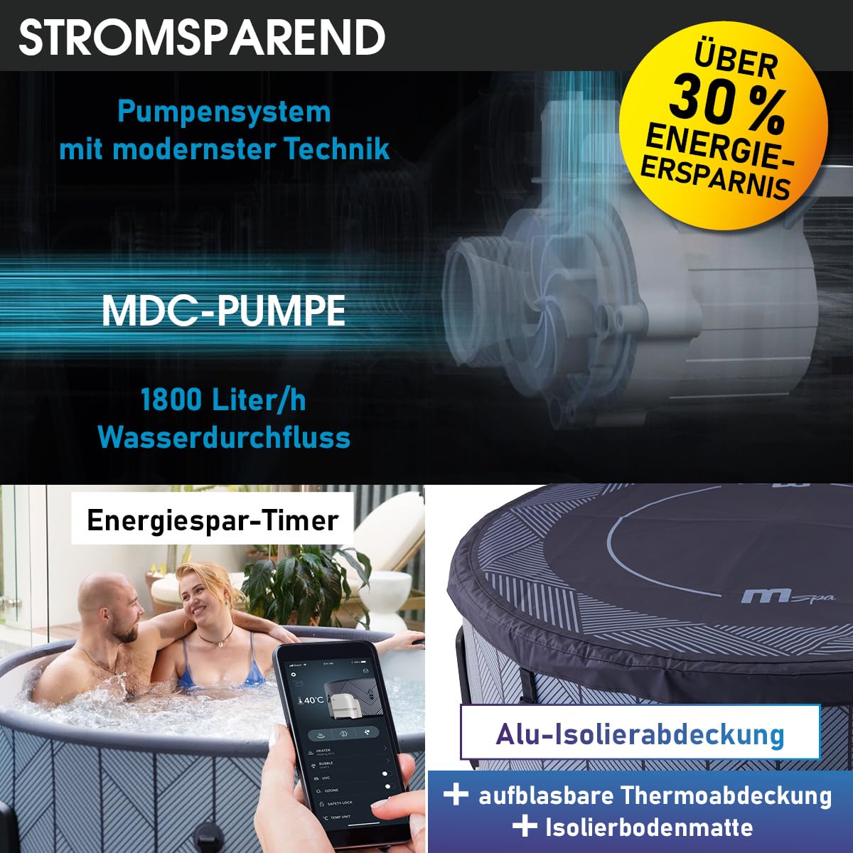 BRAST Whirlpool aufblasbar MSpa Tidal für 6 Personen | Ø173x65cm | 138 Massagedüsen in 3 Intensitäten | In- Outdoor Pool | Ganzjähriger Einsatz Winterfest | einfache Steuerung per App