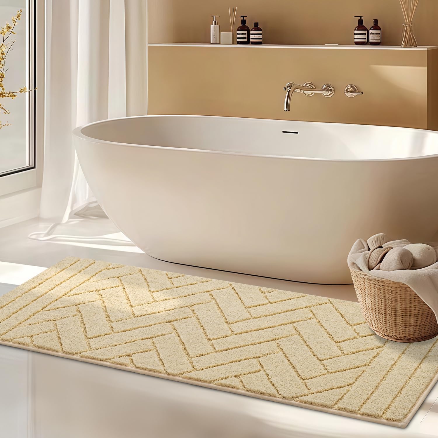 Biscpro Badteppich Beige rutschfeste 50x120cm,Weich Badezimmerteppich Wasserabsorbierend Badematte Waschbar Badvorleger für Dusche