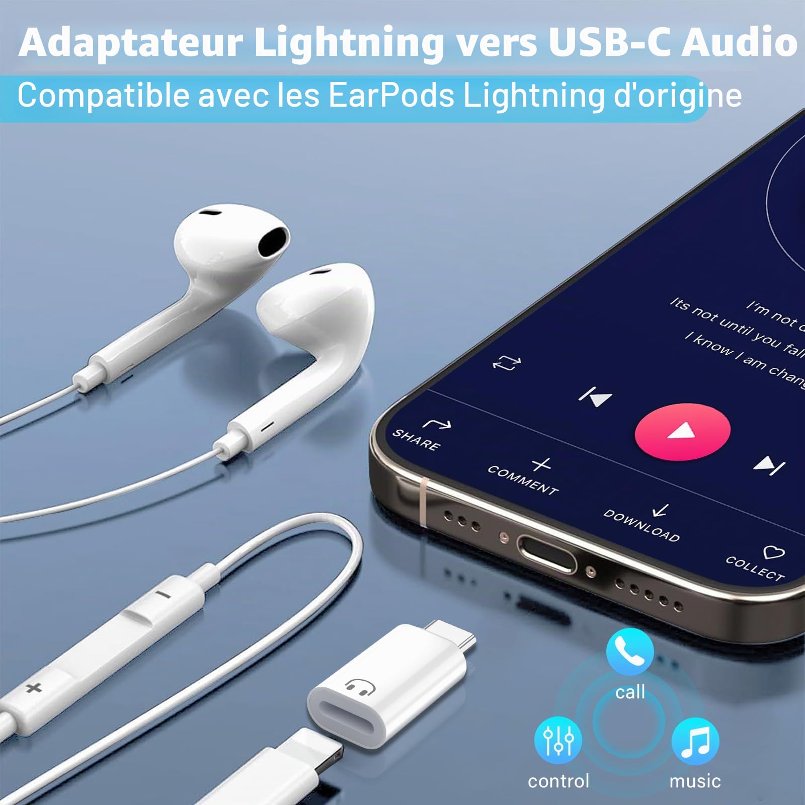 Adaptateur USB C vers Lightning Audio, USB C mâle vers Lightning, Compatible iPhone 16/15, Blanc