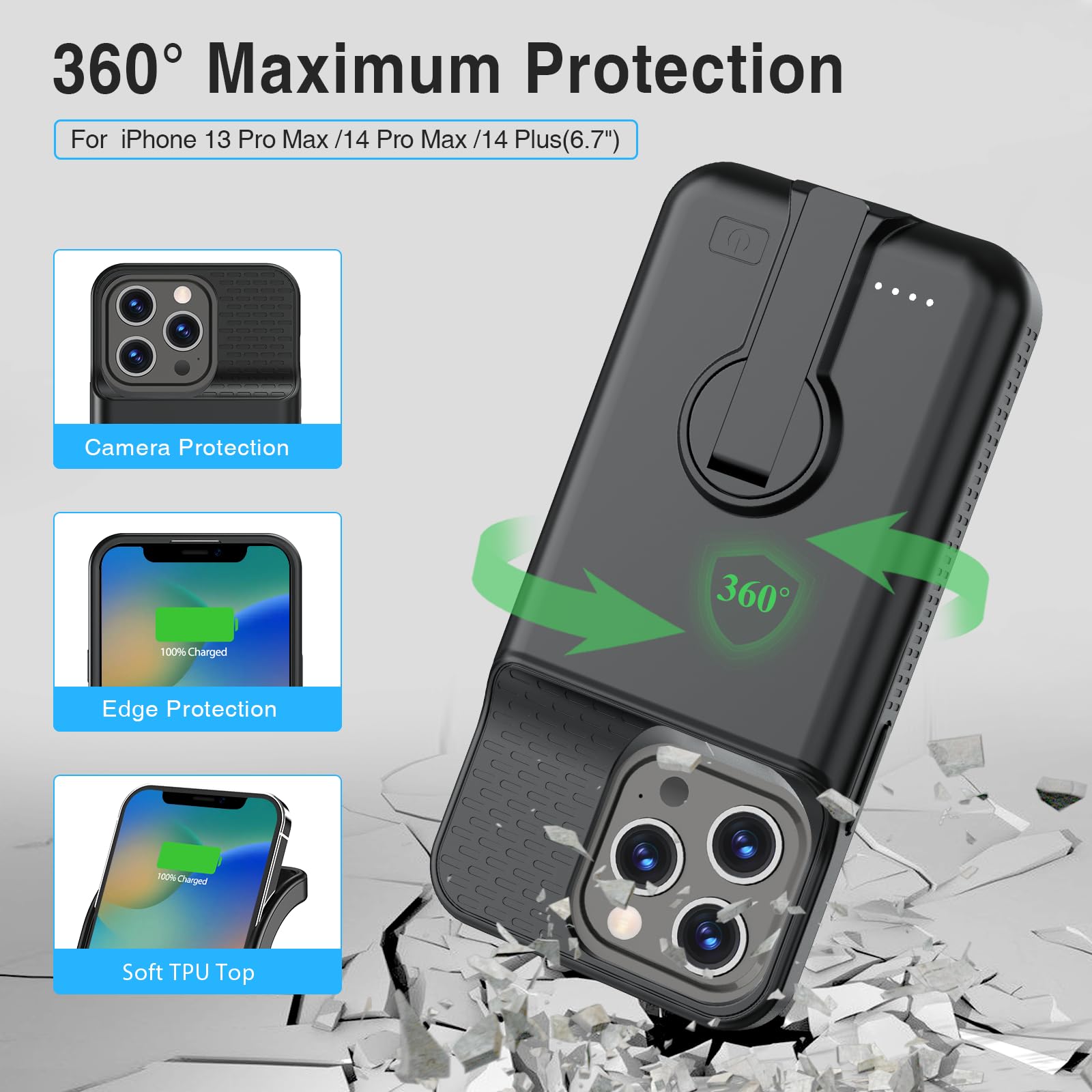 BOPPS Funda de carga de batería para iPhone 13 Pro Max/14 Pro Max/14 Plus【con soporte y Carplay】 8000 mAh, portátil, recargable, fuerte, funda de carga extendida para iPhone, color negro