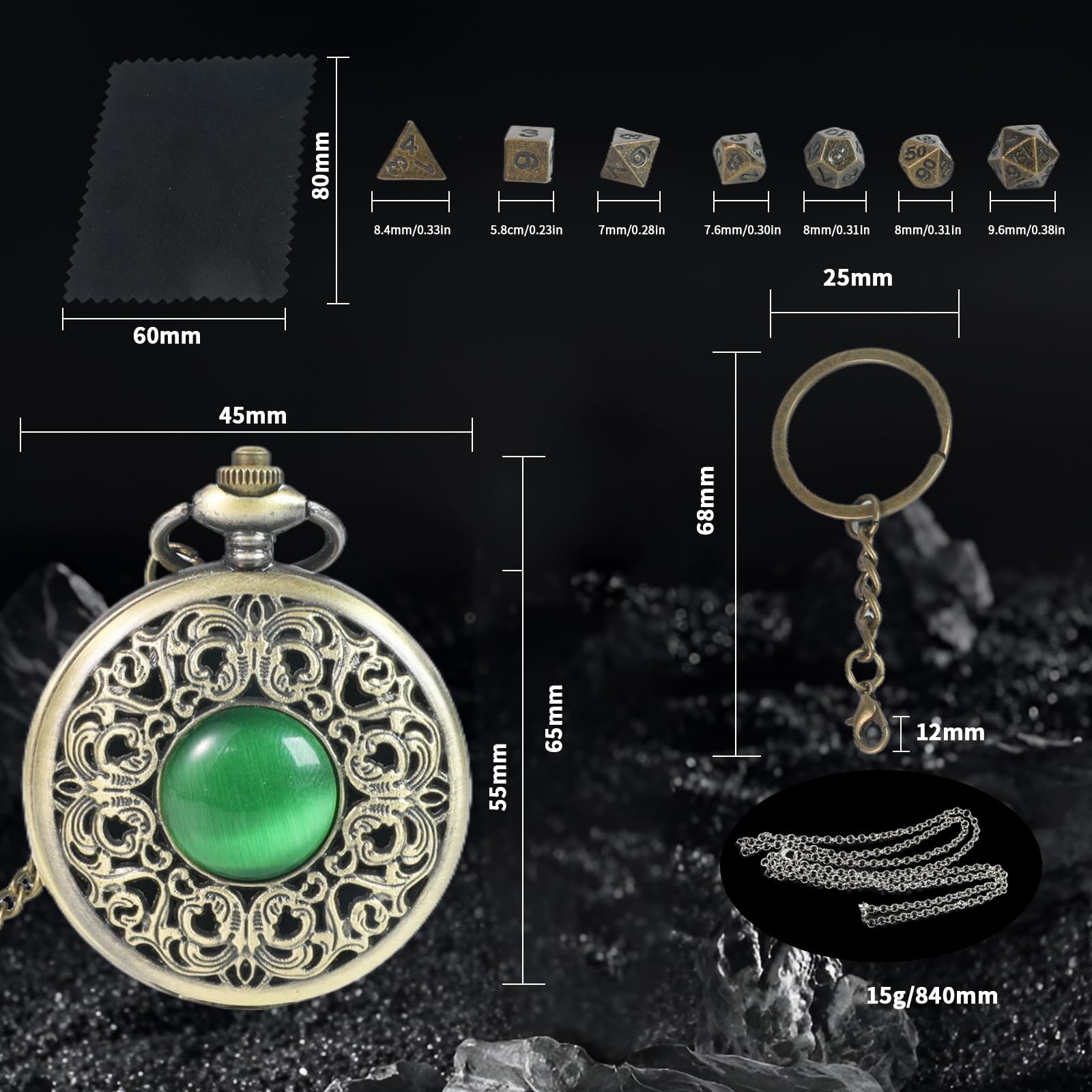 DND Ensemble de mini dés polyédriques en métal unique avec coque de montre de poche pour