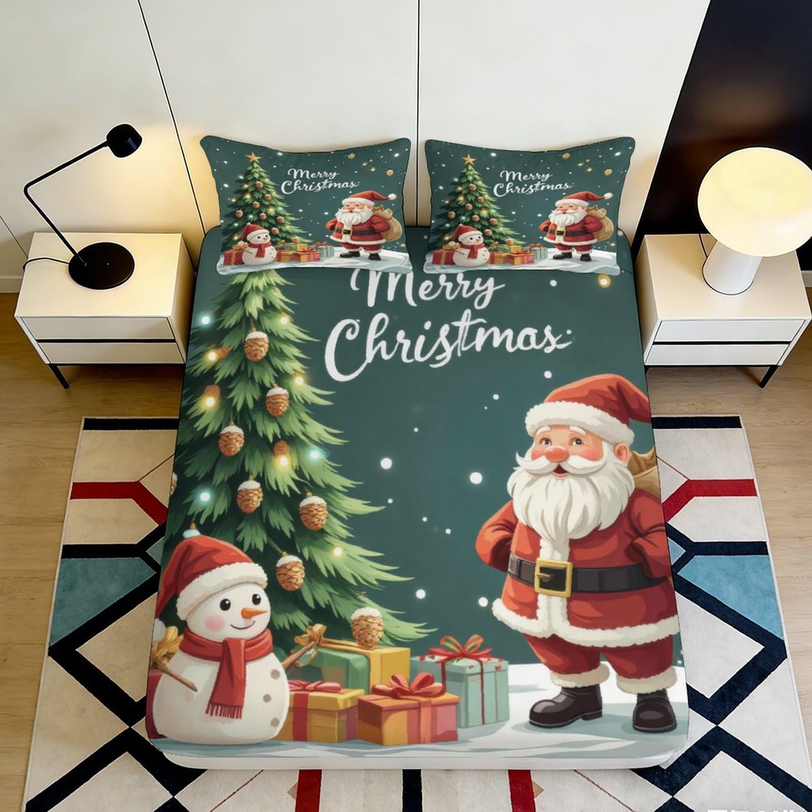 3D Printed Christmas Tree Fitted Sheet Microfiber Santa Snowman Mattress Cover for Bedroom Guest Room Holiday Decor 90x200x25cm
