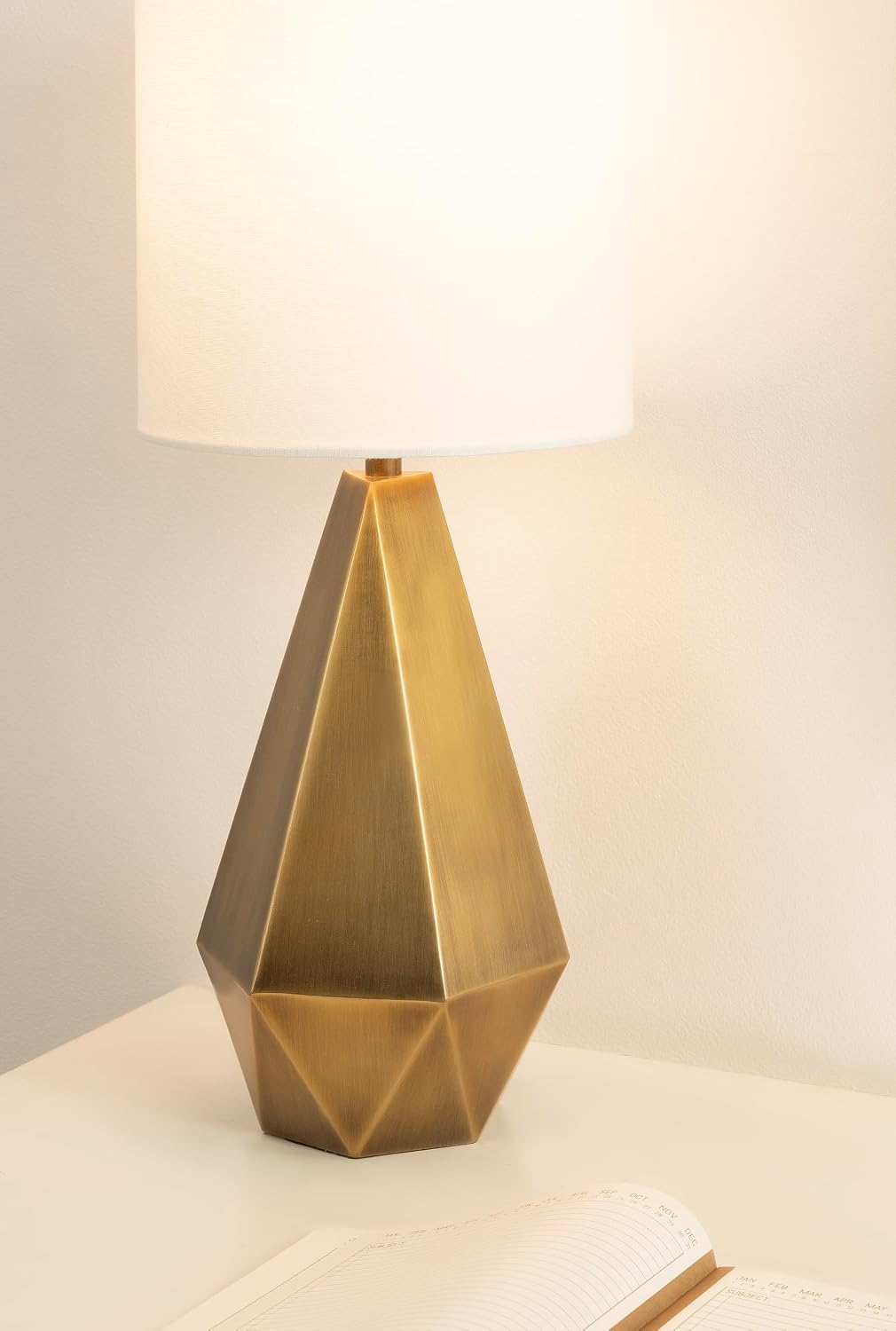 Kate and Laurel Marcedes Modern Metal Bedside Table Lamp, 8 x 8 x 20, Antique Brass, Faceted Decorative Tabletop Desk Lamp with Linen Shade for Living Room Decor