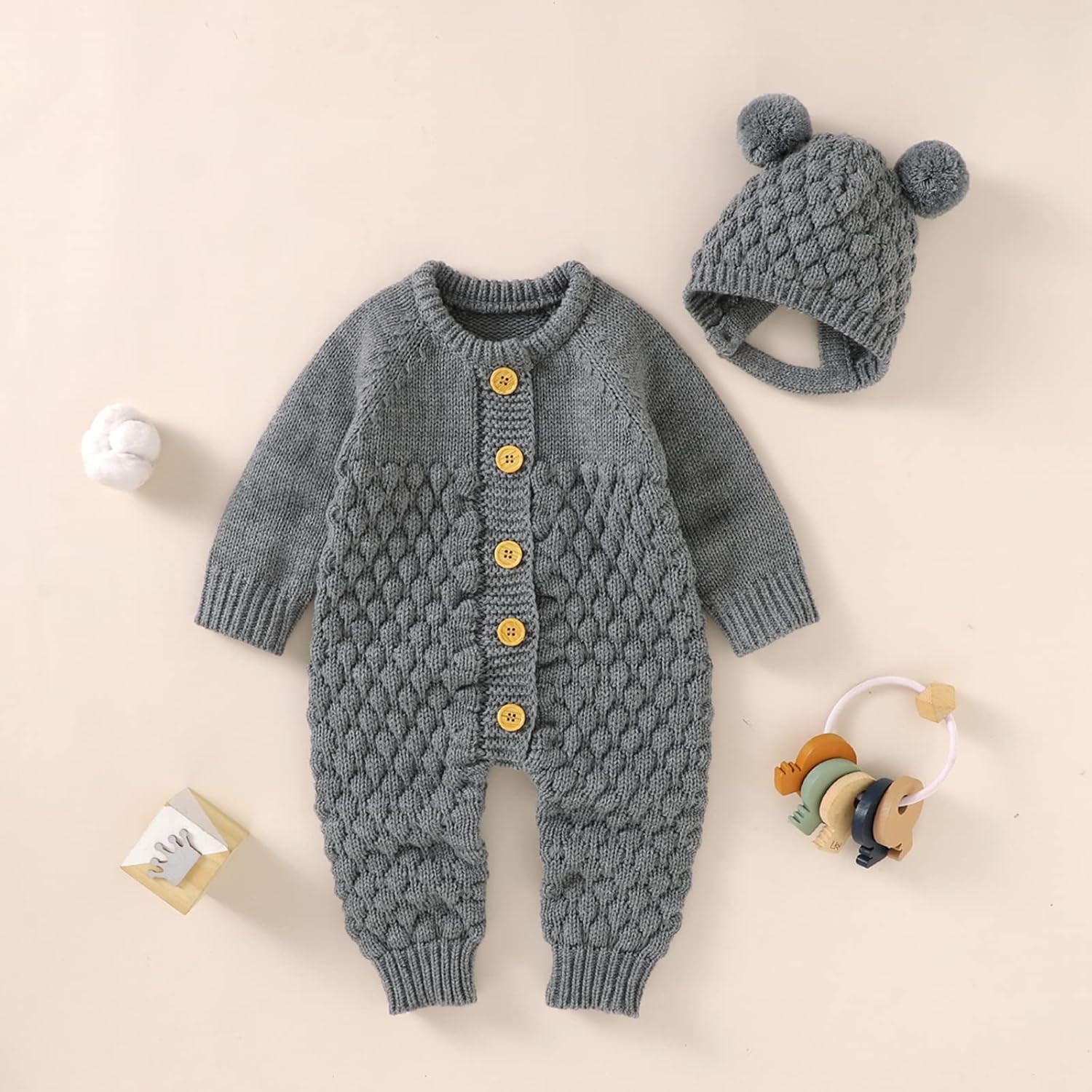 Newborn Baby Boy Girl Winter Clothes Knitted Sweater Romper Crewneck Solid Color Jumpsuit Hat Infant Fall Outfit