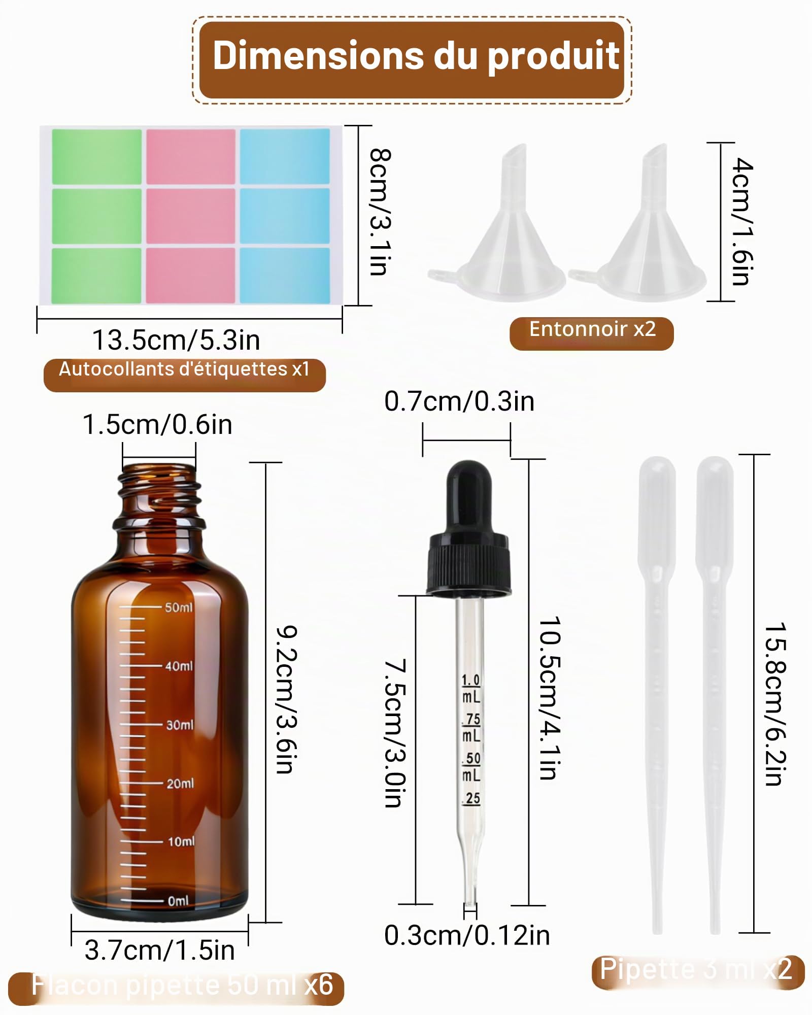 6 flacons pipette 50 ml – flacon compte gouttes en flacon verre ambré avec 2 entonnoirs, 2 pipettes et 1 feuille d’étiquettes, idéal pour huiles essentielles, aromathérapie et laboratoire