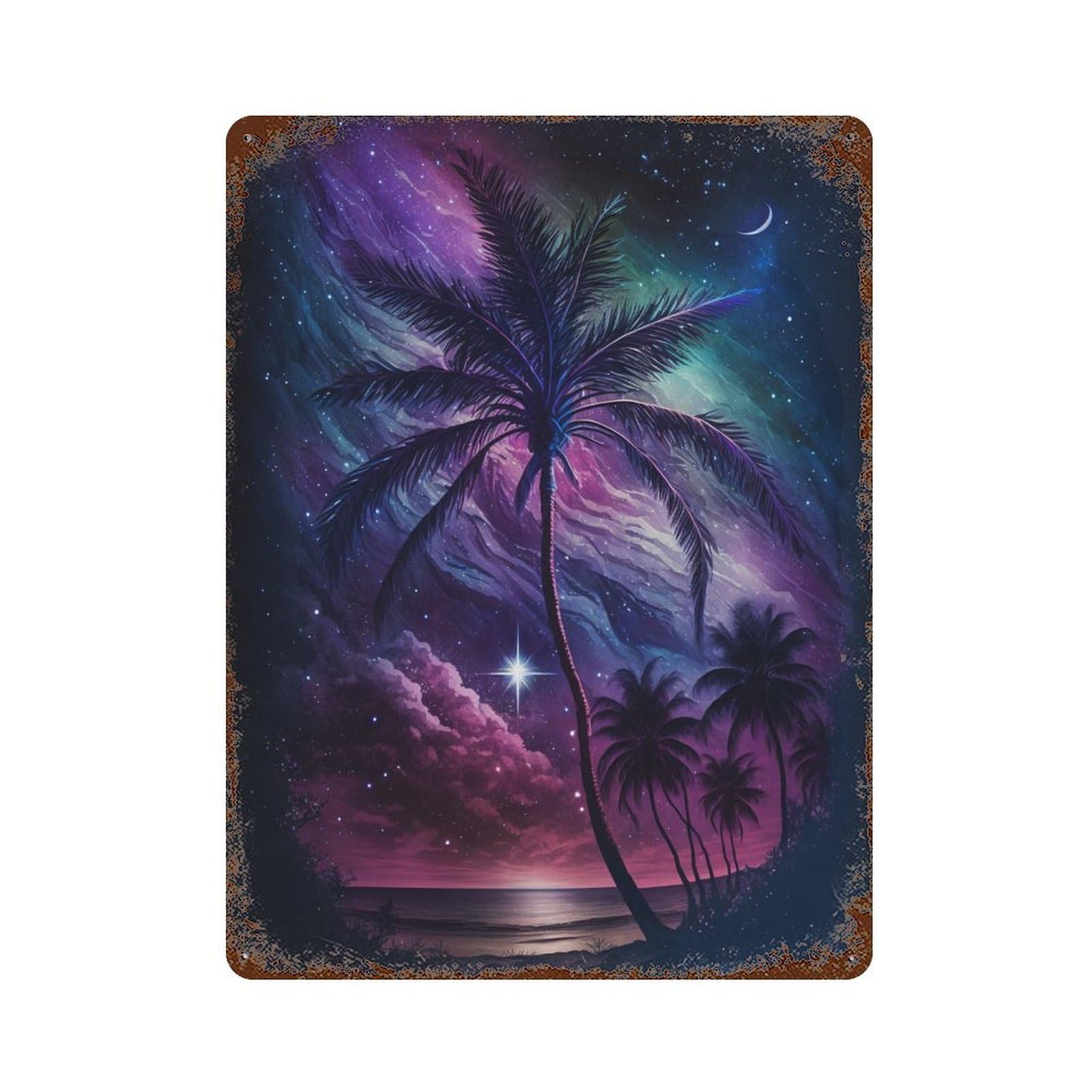 Galactic Palm Beach Night Rusty Metal Tin Sign 15.7"x11.8", for Pub, Kitchen And Man Cave Decor, Novelty Wall Decor