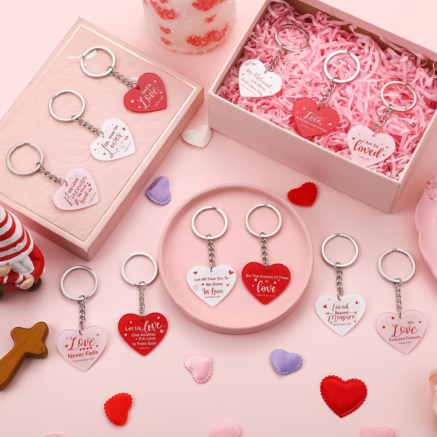 Tondiamo 60 Pcs Valentine Heart Christian Keychain Gifts Bulk Religious Pink Red White Valentine's Day Inspiring Quote Bible Verse Keychains Crafts for School Church Classroom Friends Gifts - Image 7