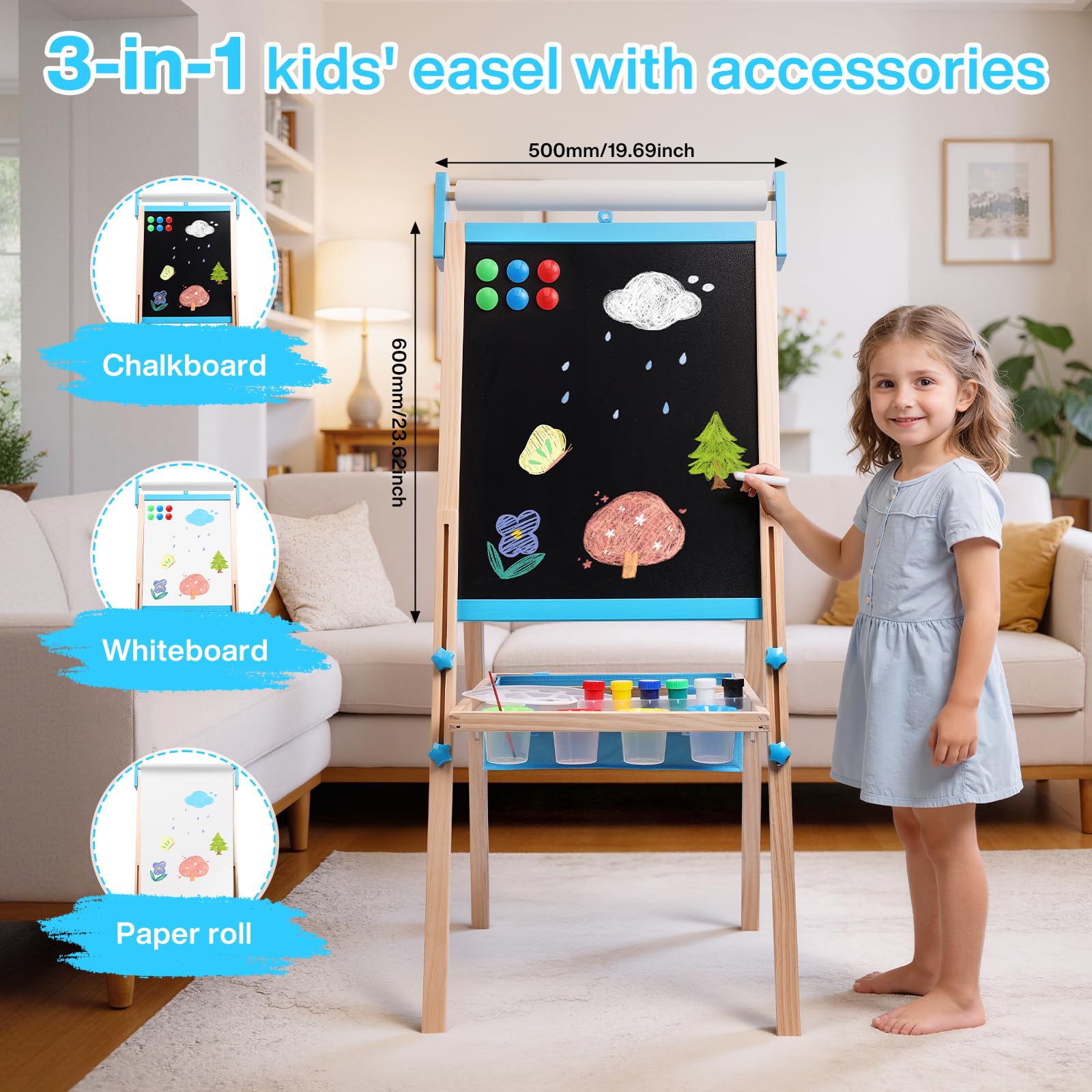 Lavagna per Bambini con Cavalletto Regolabile in Altezza 115-134cm, 3 in 1 Lavagna Magnetica e Bianca in Legno Massello con Rotolo di Carta e Kit 13 Accessori Lifting Drawing Board Bracket