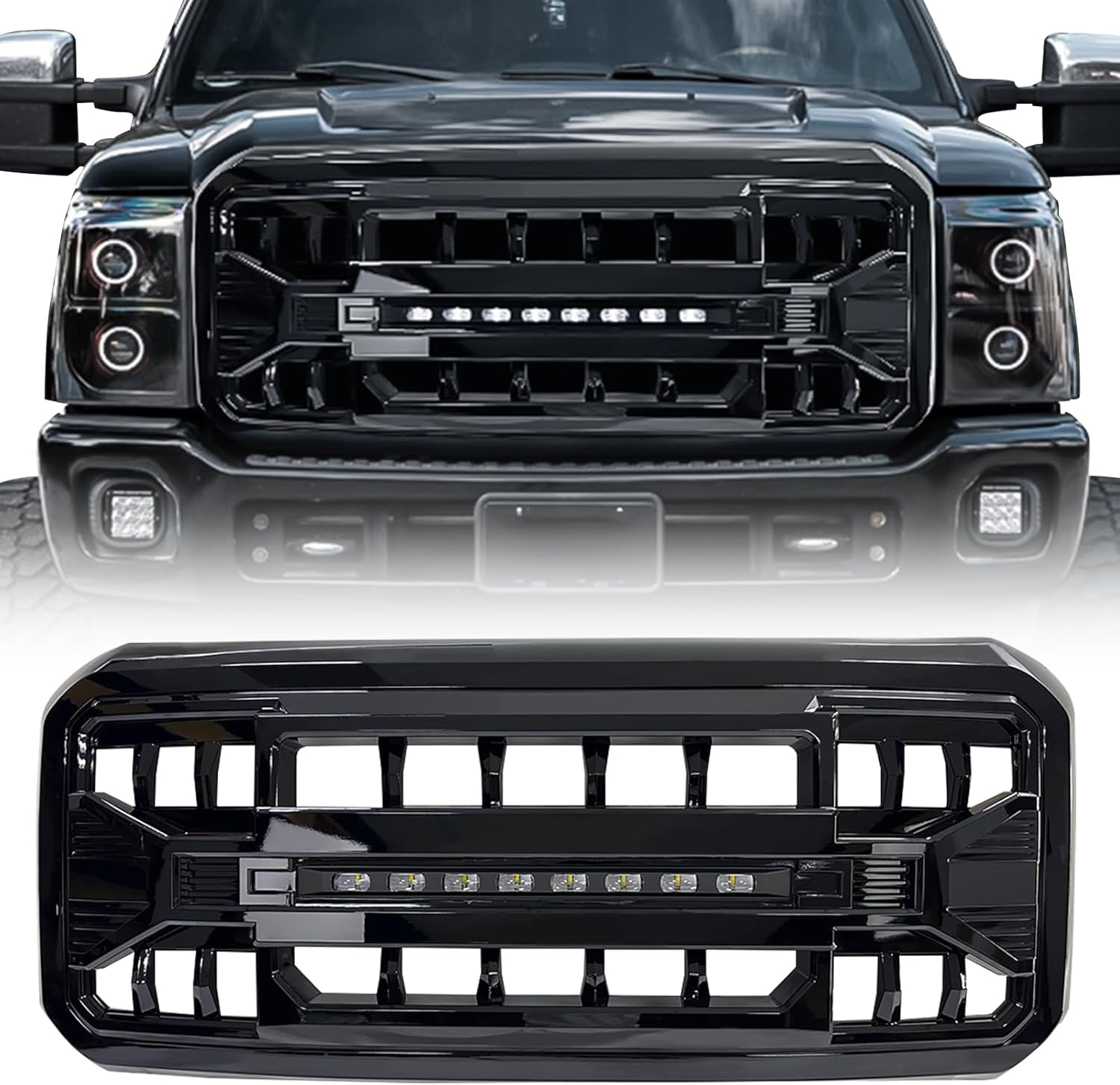 Front Grill Compatible with 2011-2016 F250 F350 F450 F550 Super Duty, Glossy Black Front Bumper Grille Guard w/Off-Road Lights