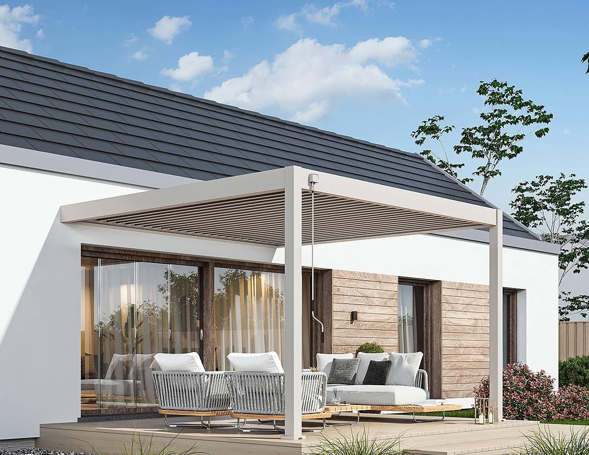 Weide Deluxe Alu Pergola für Terrasse & Garten mit Lamellendach & Kurbel 3.6 x 4 m Sand