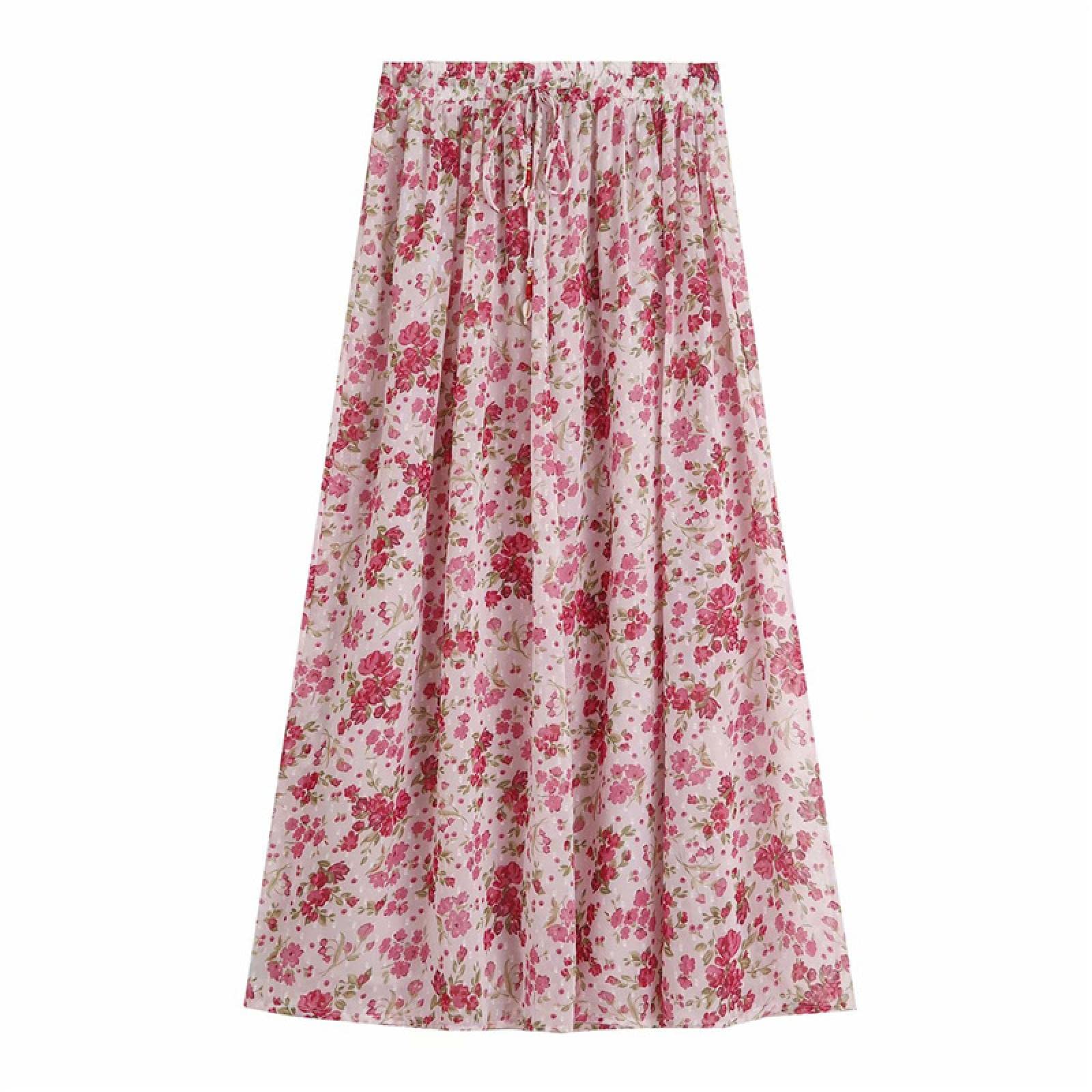 WQZYY&ASDCD Falda De Tubo Dulces Faldas con Estampado Floral Rosa para Mujer, Falda De Gasa con Borlas Y Lazo A La Moda para Mujer, Faldas Sueltas hasta Los Tobillos Elegantes para Mujer