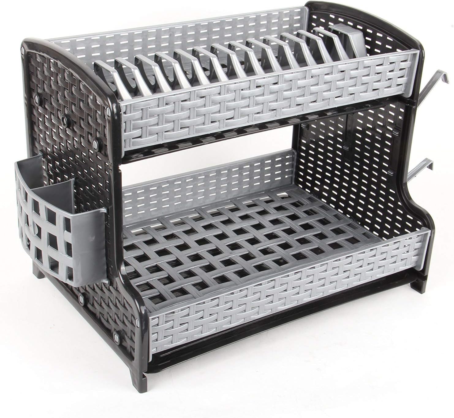 Black - Silver Raddan Double Drip Tray 2 Layer Plastic Dish Drainer Rack Utensil Cutlery Draining