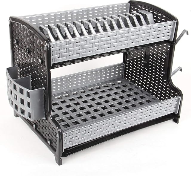 2 Tier Plate Drainer Rack with Cutlery Holder Mug Holder and Drip Tray. Black Grey Plastic Kitchen Sink Drainer Rack.