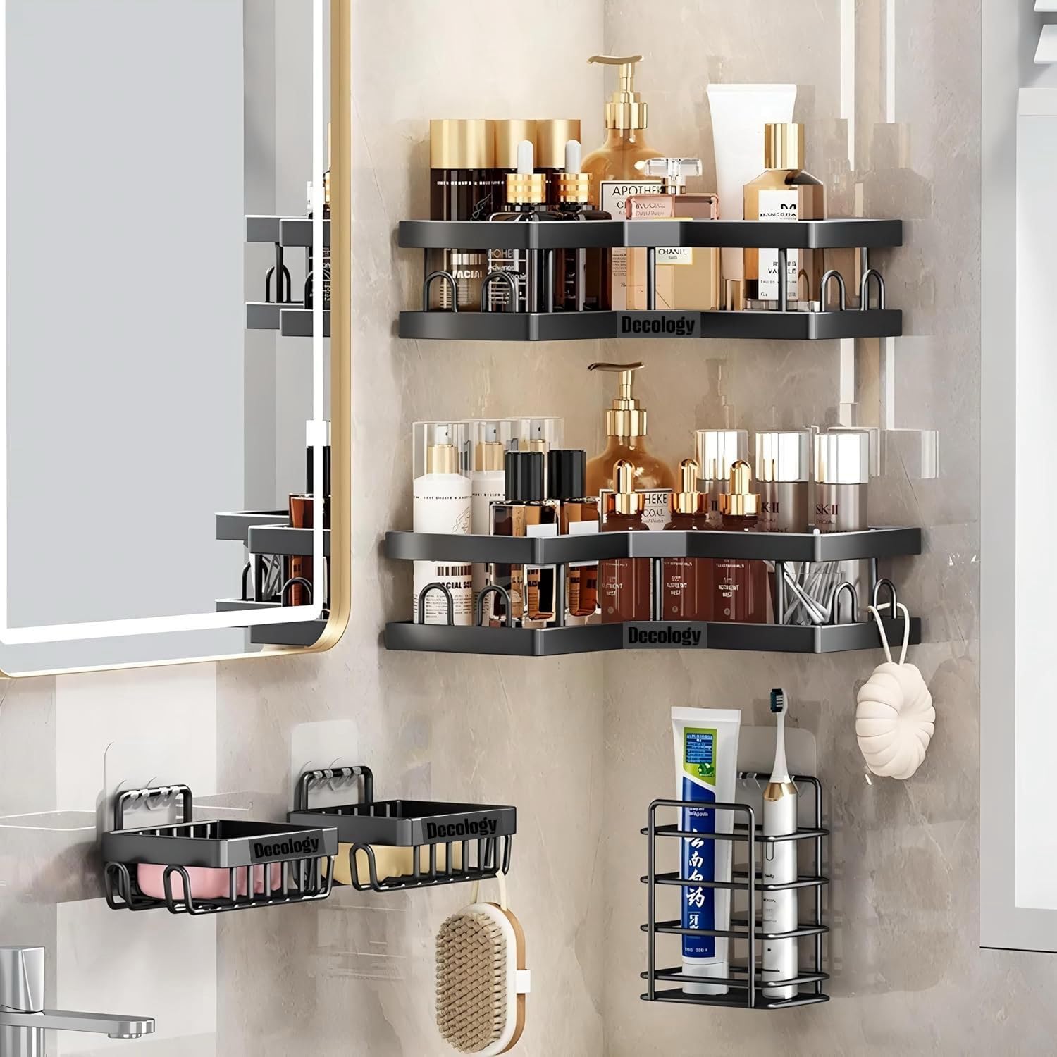 DecoLogy 5-Piece Bathroom Organiser Set, Self-Adhesive Wall Mounted Racks, Soap and Toothbrush Holder, Black Stainless Steel, 37 x 87 cm (5 in 1 self Adhesive)