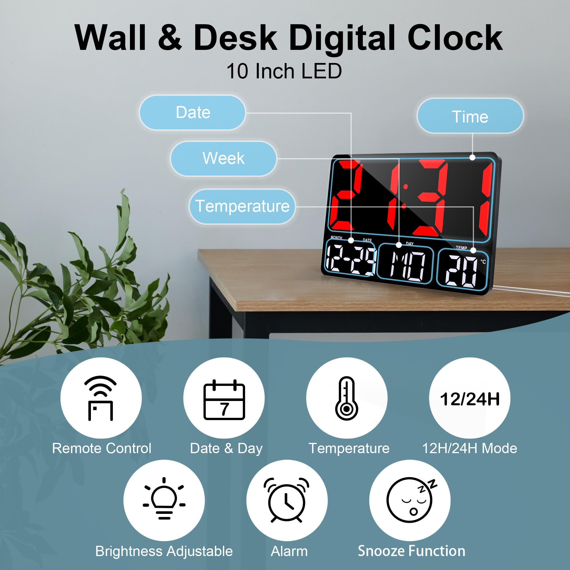 Lafocuse Orologio da Parete Digitale 12" LED Grande, Orologio da Tavolo Scrivania con Telecomando, Temperatura, Calendario, Sveglia, Snooze, 12/24 Ore per Cameretta Soggiorno Cucina Casa, Rosso