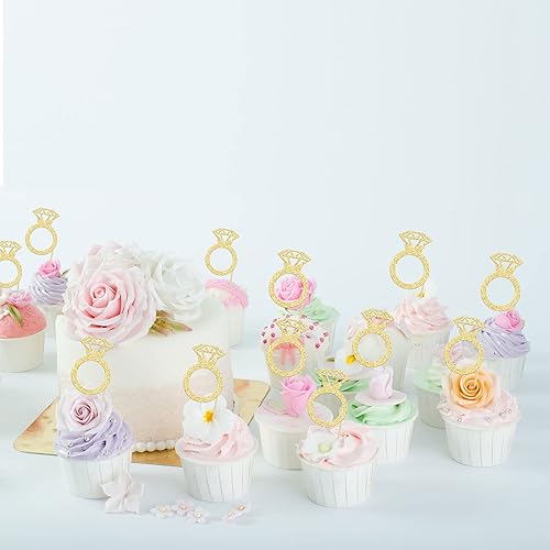 Miniatura 5 de 24 piezas de anillos de diamantes con purpurina dorada para decoración de cupcakes, decoración de pasteles de boda para despedidas de soltera,