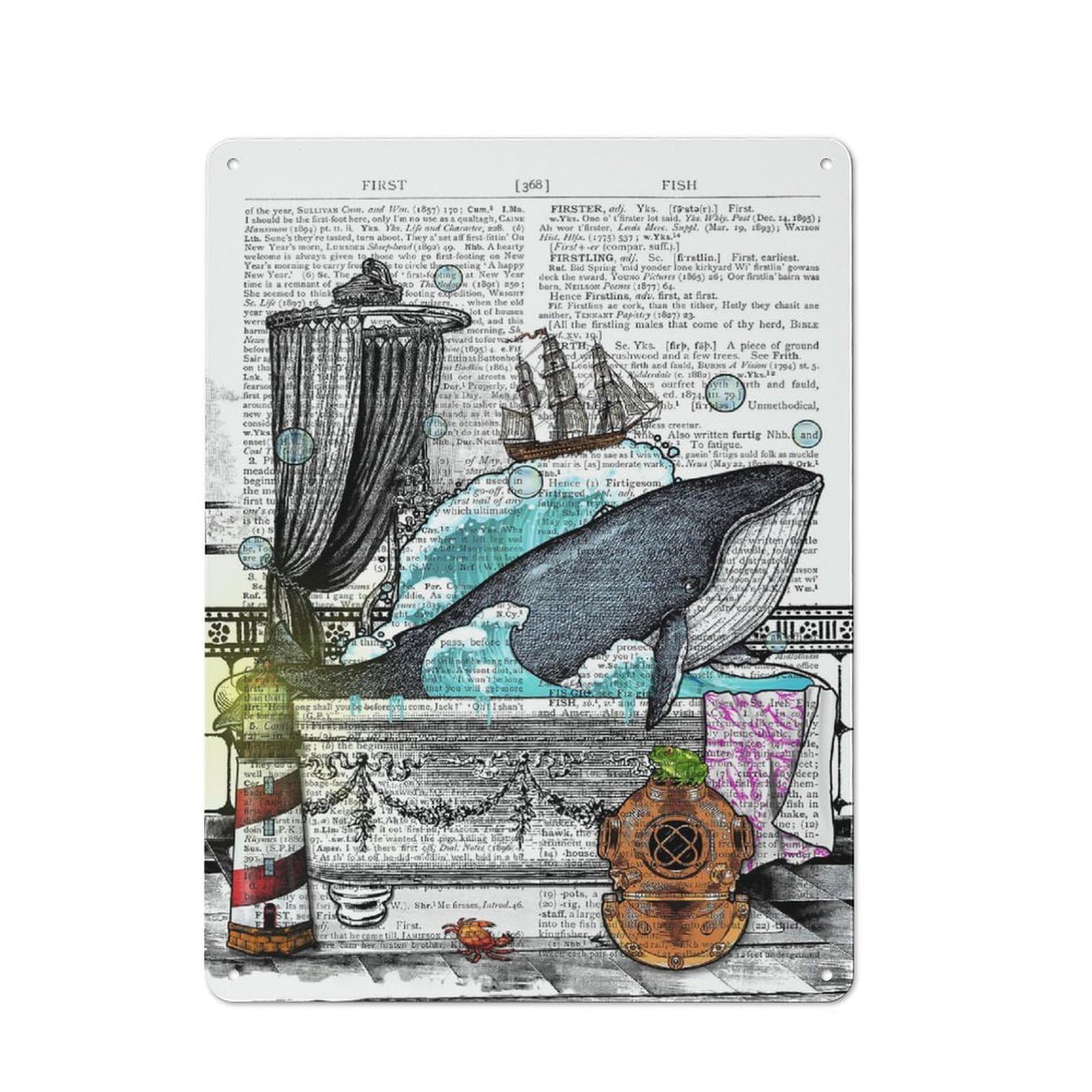 Junmoney A Whale In The Bathtub Friendly Metal Wall Decor 40X30cm, Decorative Metal Plaque For Tea Room, Shop Wall Or Breakfast Area