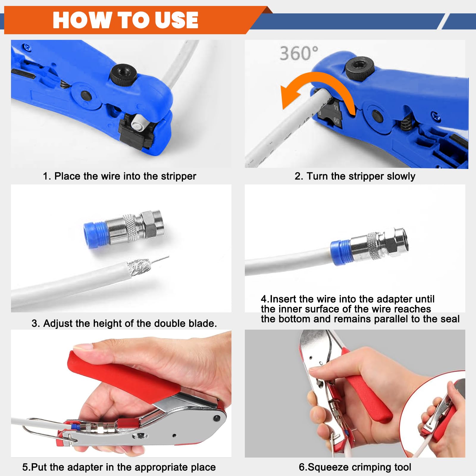 Jukibole Set di pinze crimpatrici e dispellicanti, kit di pinze crimpatrici per cavi coassiali per SAT, cavi coassiali RG6/RG59, set di pinze a compressione – incluso 20 connettori F, cavo TV RG6