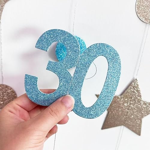 Miniatura 56 de Decoraciones de cumpleaños número 30 color azul aguamarina, guirnalda de estrellas con círculos y lunares metálicos para colgar en banderines, telón
