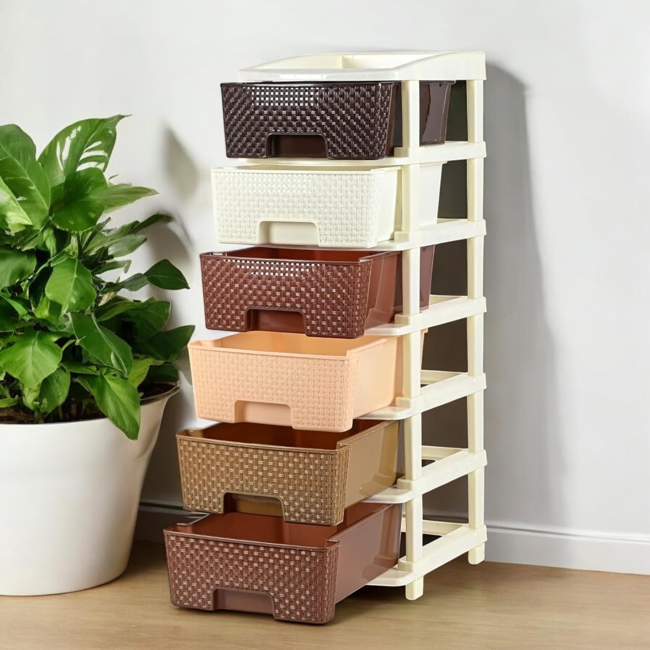 Smarttex™ Plastic Modular Drawer Storage Chest Of Drawers Organizer Storage Box, Large Stomo Racks For Multipurpose Anti-slip Shoes Organizers (Coffee & Chocolate, 6 Layer)