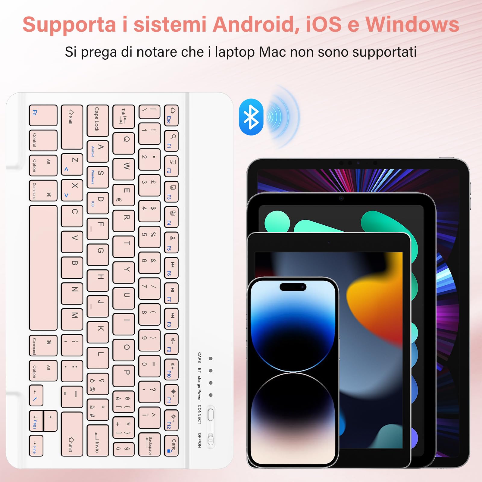 BQSS Tastiera Wireless, Layout Italiano QWERTY Tastiera Wireless Bluetooth Rechargeable, per Samsung/IOS/Android/Windows/Telefoni