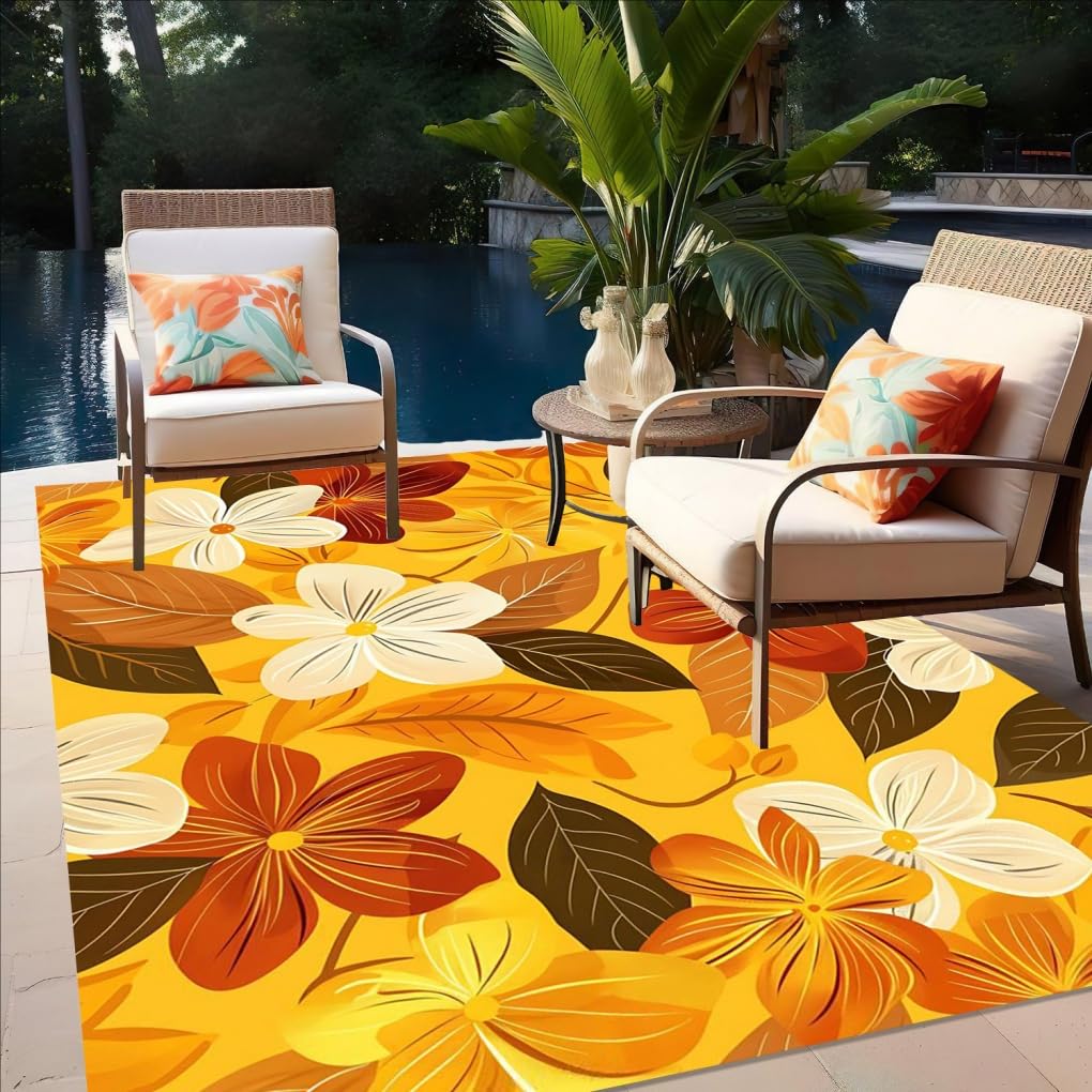 Country Red Yellow Flowers Fallen Leaves Outdoor Rug 9x14 Waterproof Floral Outdoor Area Rug Machine Washable Outside Carpet for Patio Deck Backyard