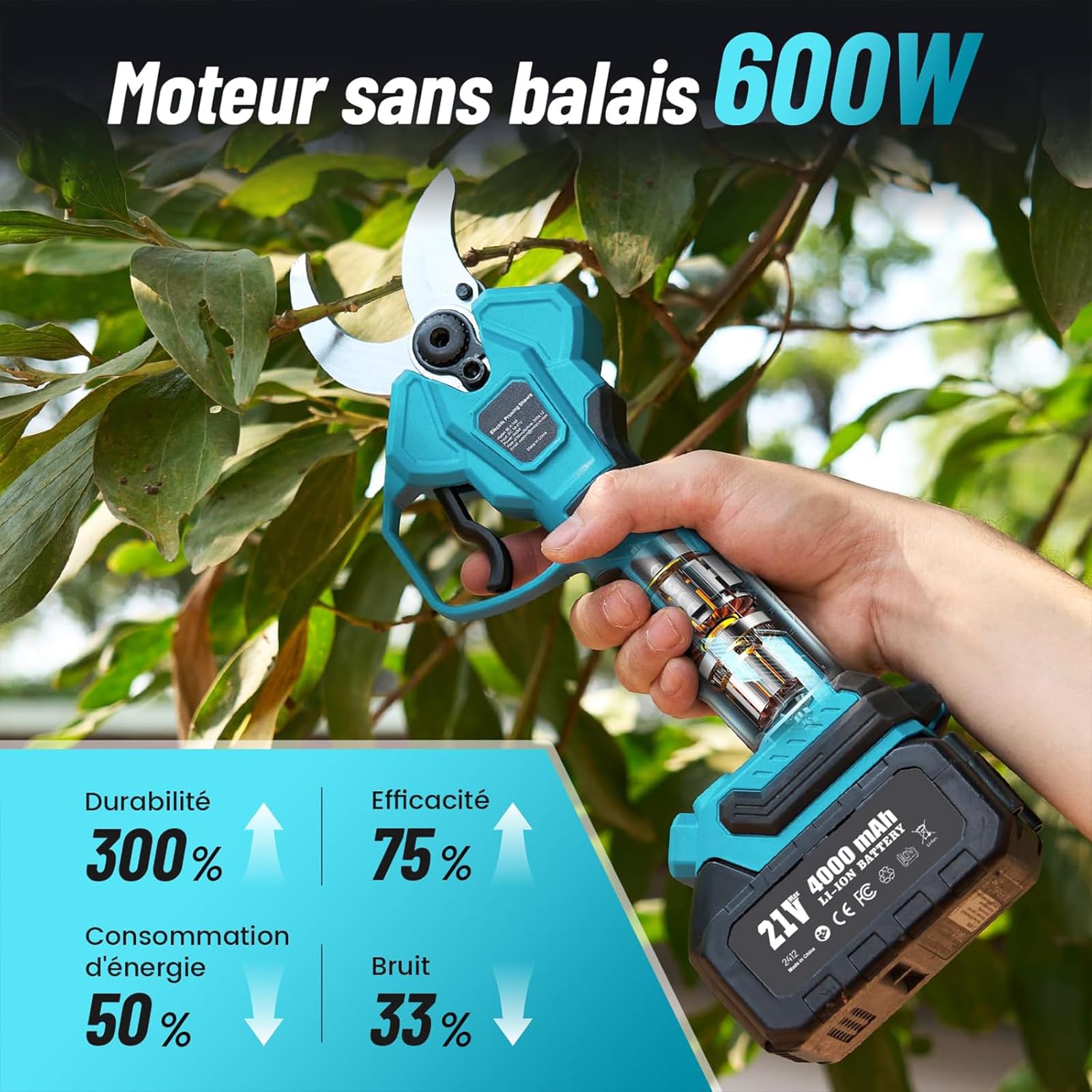 Forbici da potatura elettriche Professionali, Inserti Senza Fili per Giardinaggio, con Doppia Batteria e Lame di Ricambio Extra, attrezzo per potatura Alberi e Giardino.