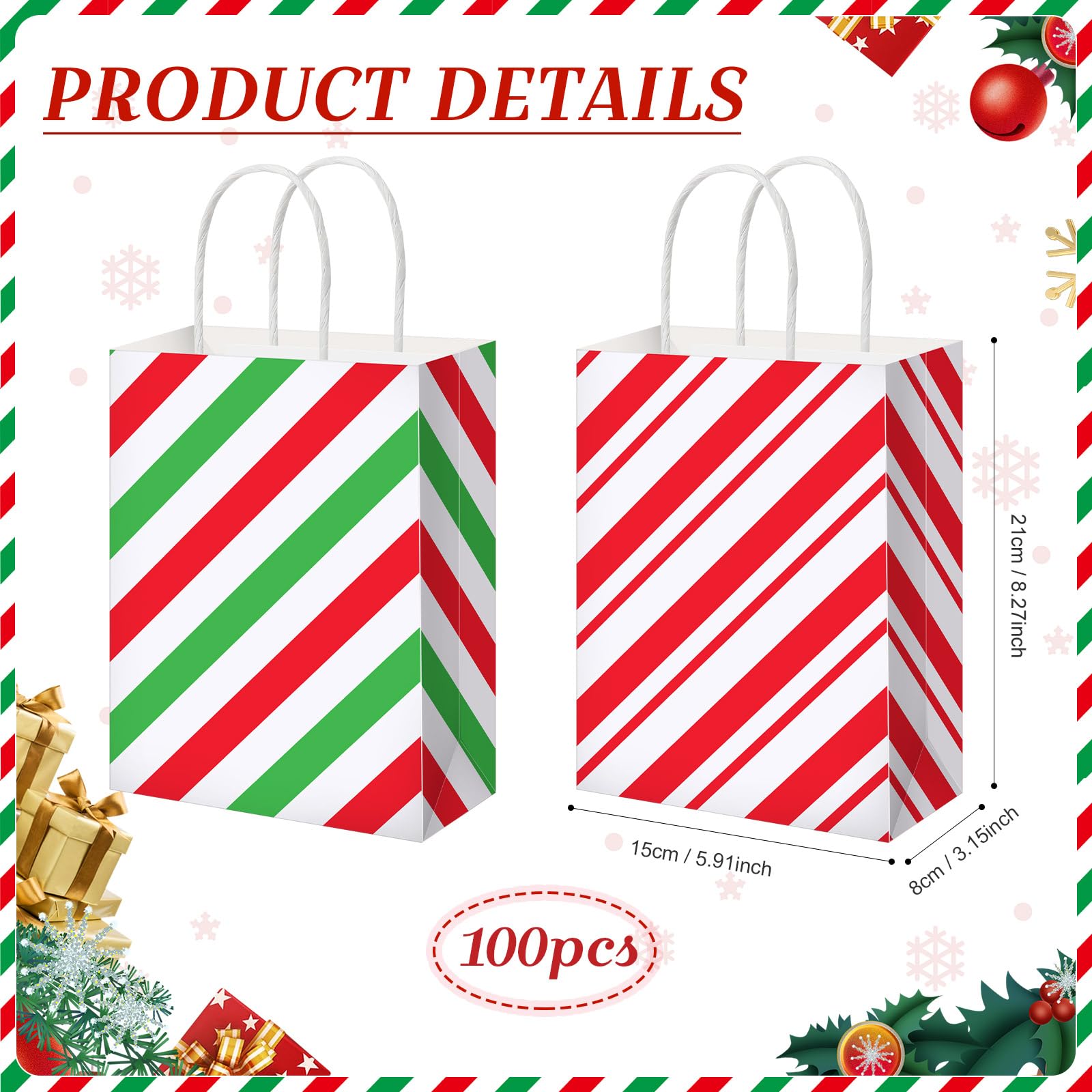 Mooliwe 100 bolsas de regalo de Navidad a granel, bolsas de regalo a rayas rojas y blancas con asa, bolsas de regalo de Navidad, bolsas de regalo a rayas rojas y verdes para suministros de fiesta de