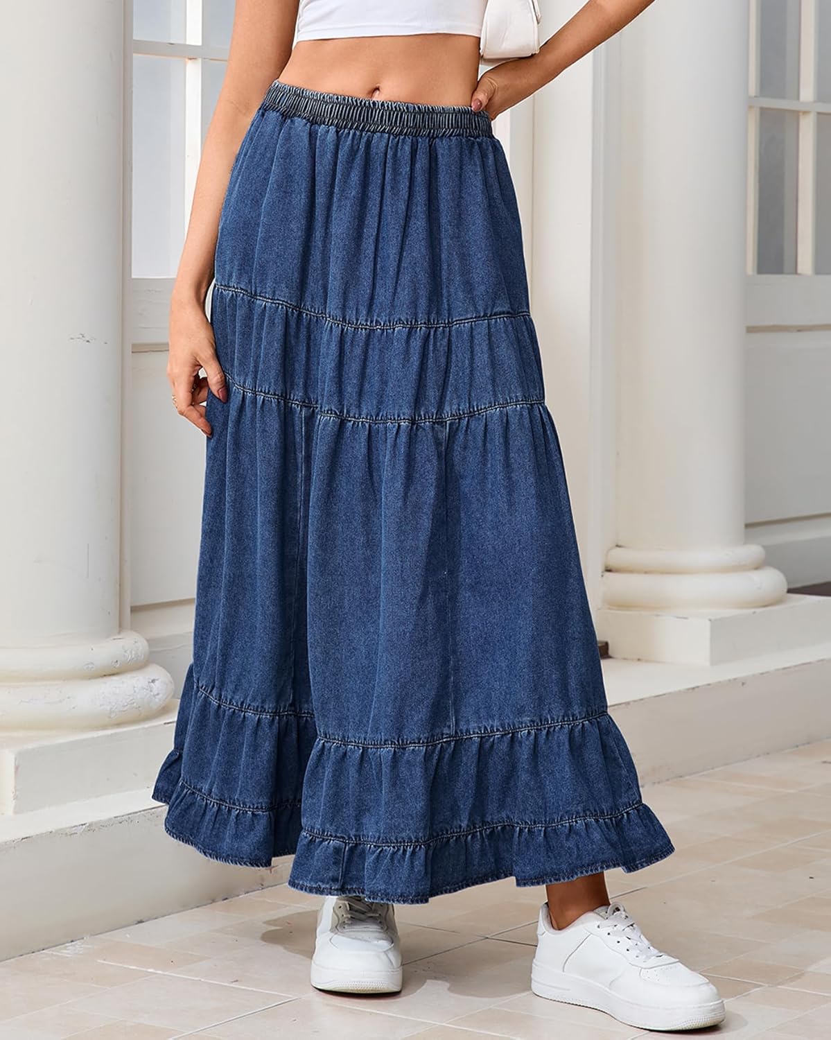 Women's Swing Chambray Maxi Skirt Elastic Waist Pleated Tiered Flowy Long Skirts Re... - Image 2