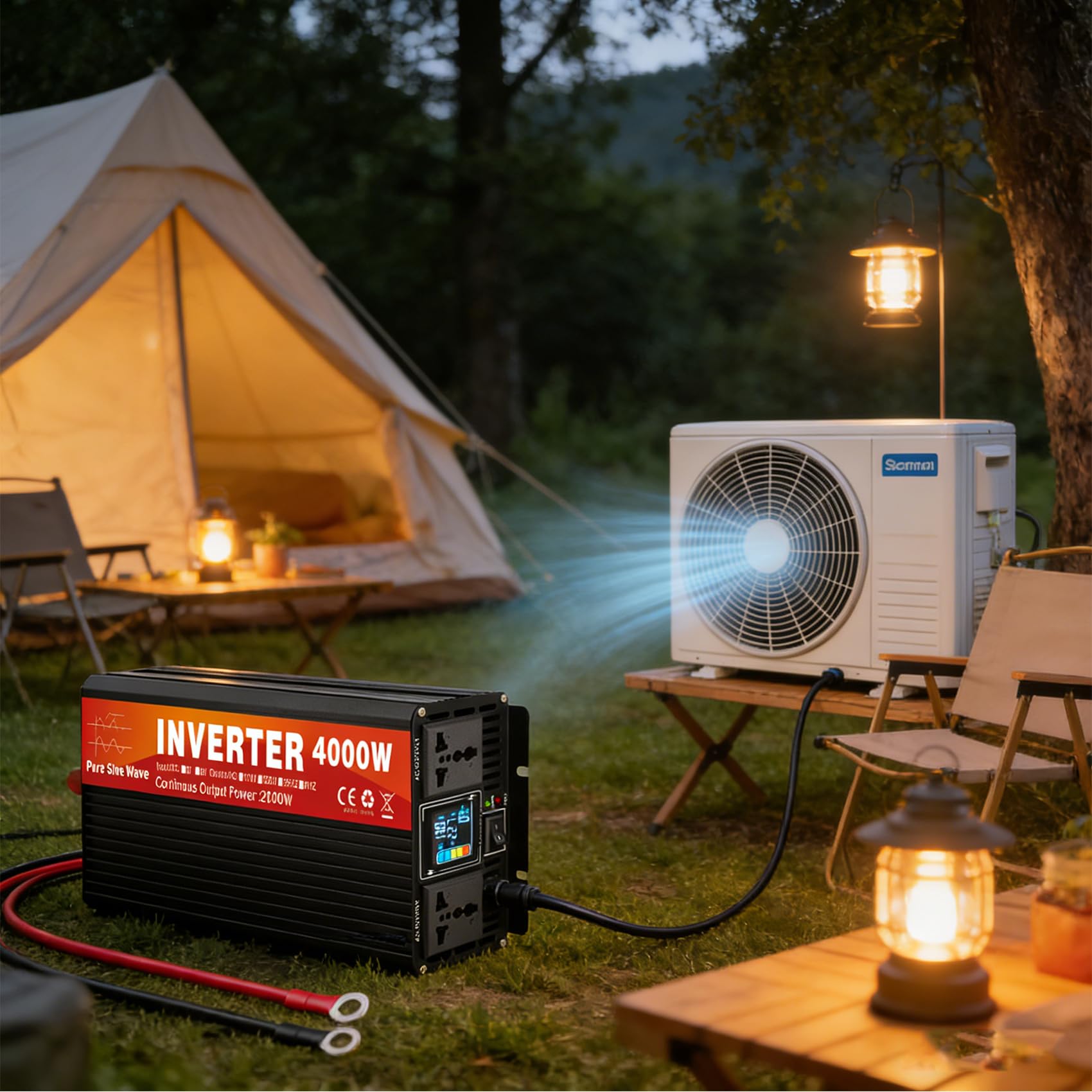 60v to 230v,Przetwornica czystej fali sinusoidalnej o mocy 4000 W, przetwornica napięcia 12 V–72 V DC na 110 V/230 V AC, z 2 gniazdami prądu przemiennego i wyświetlaczem LCD
