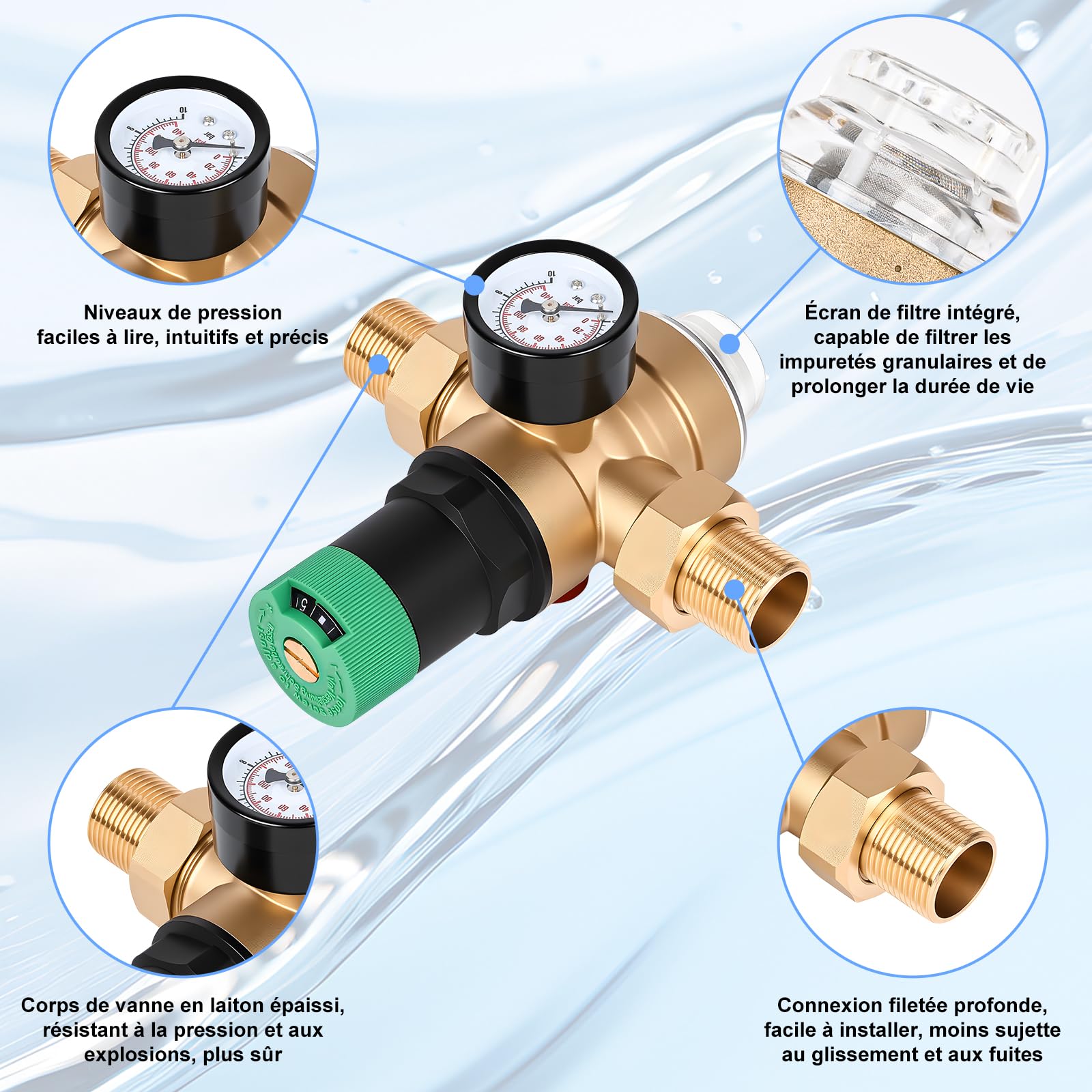 Diealles Shine Réducteur de pression d'eau 3/4", régulateur de pression d'eau avec manomètre et filtre à tamis, valve réducteur de pression régulateur de pression en laiton pour maisons, bâtiments