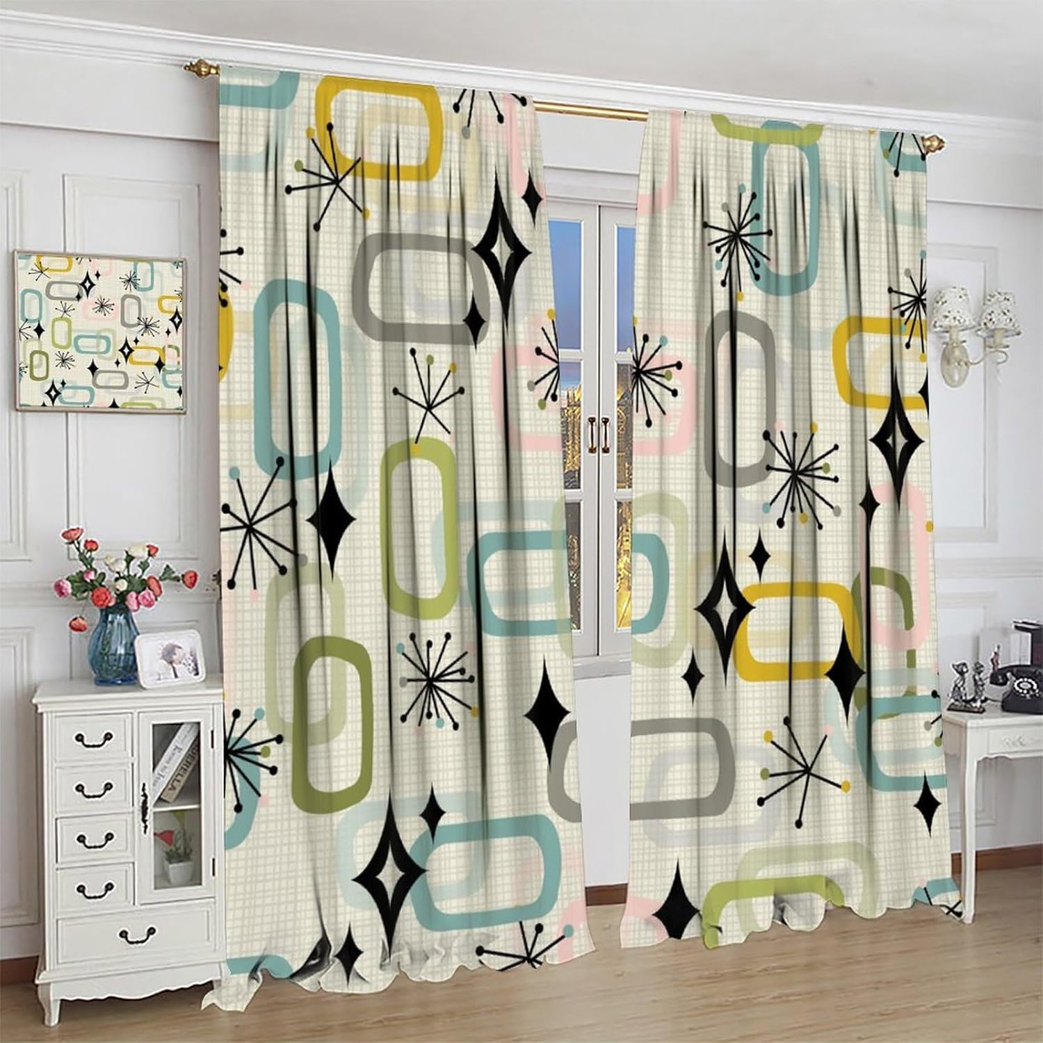 Mid Century Blackout Curtains,Atomic Retro Abstract Geometric Vintage Classic Pattern 2 Panel Rod Pocket Window Drapes for Living Room Bedroom Decor 31.5" W X 63" L